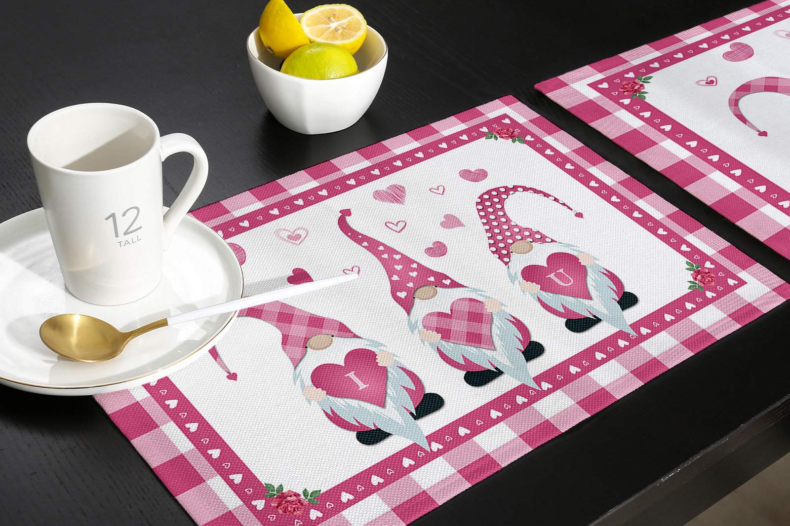Valentine's Day Placemats Set of 4 - Pink Gnome Heart Design, Rose Pink Buffalo Check Plaid Table Mats for Dining Table - Non-Slip Home Decor for Wedding, Party & Romantic Dinners