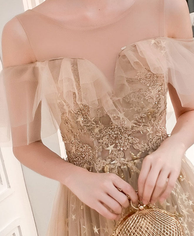 Elegant Champagne Round Neck Tulle Lace Long Prom Dress - Formal Evening Gown for Homecoming, Wedding, Ball & Special Occasions