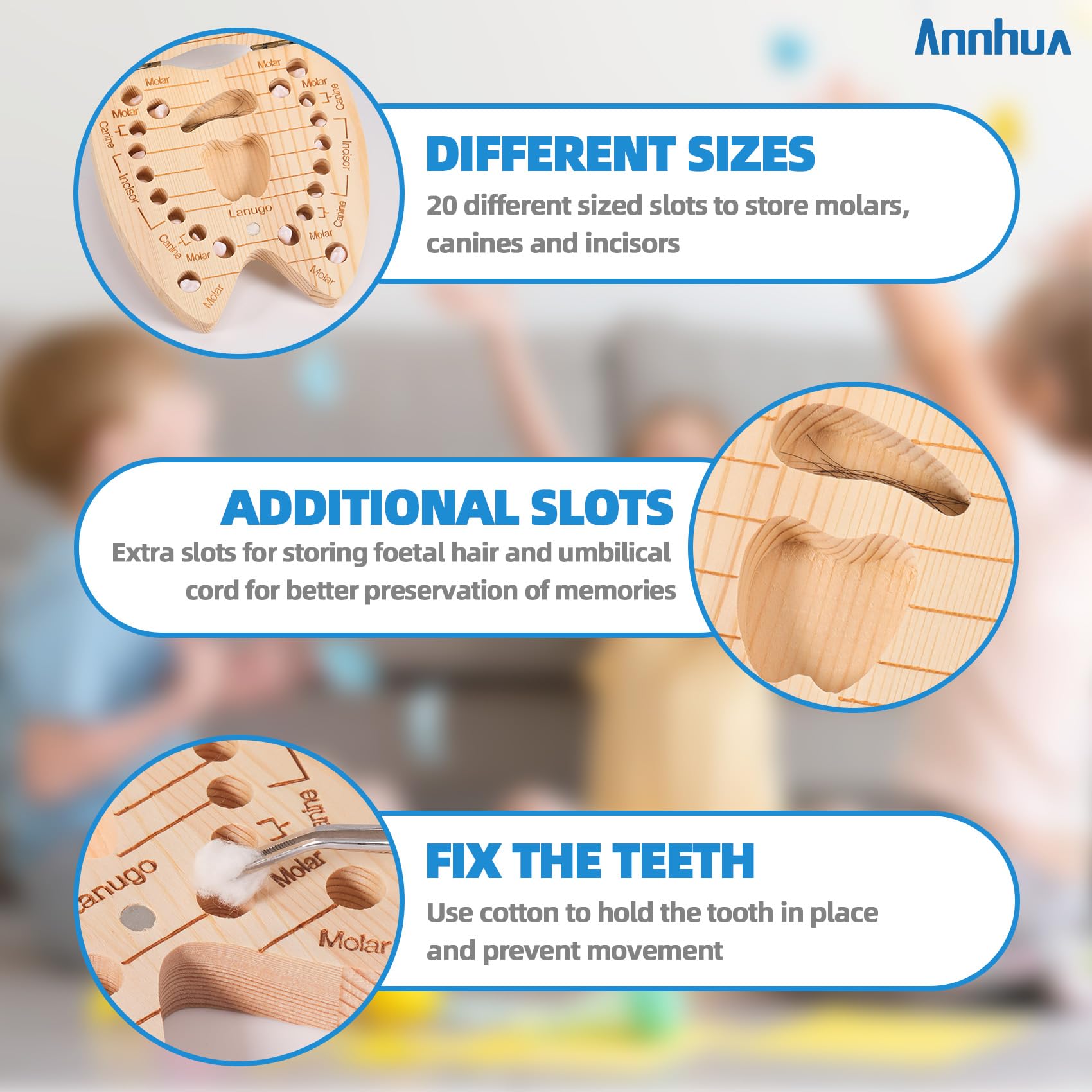 AnnHua Wooden Tooth Fairy Box for Boys - Baby Tooth Keepsake Storage for 20 Milk Teeth, Umbilical Cord & Fetal Hair with Memory Book - Perfect Baby Shower Gift & Childhood Memory Preservation