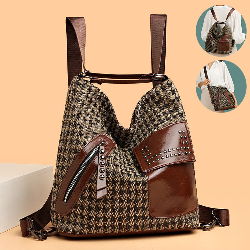 Stylish Houndstooth Backpack for Women - Fashionable Leopard Print Shoulder Bag with Rivet Design | Perfect for Work, Travel & Daily Use