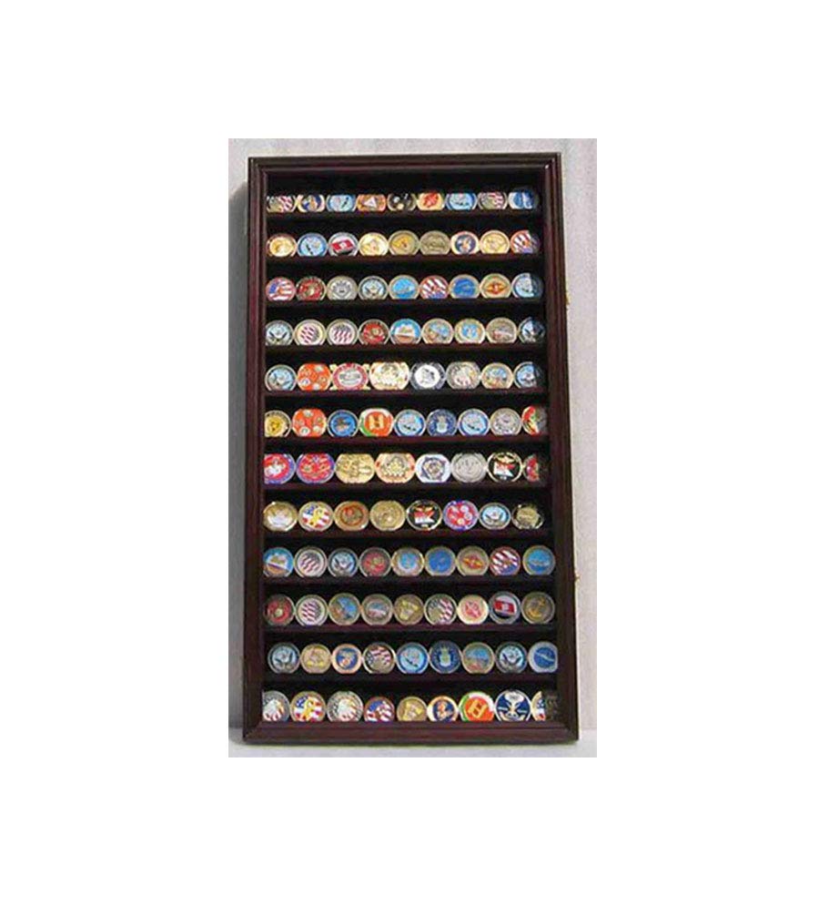 Lockable Military Challenge Coin Display Case Cabinet - Mahogany Finish Wooden Holder for Collectors | Secure Storage for Medals, Coins & Awards | Perfect for Home, Office or Military Memorabilia Display