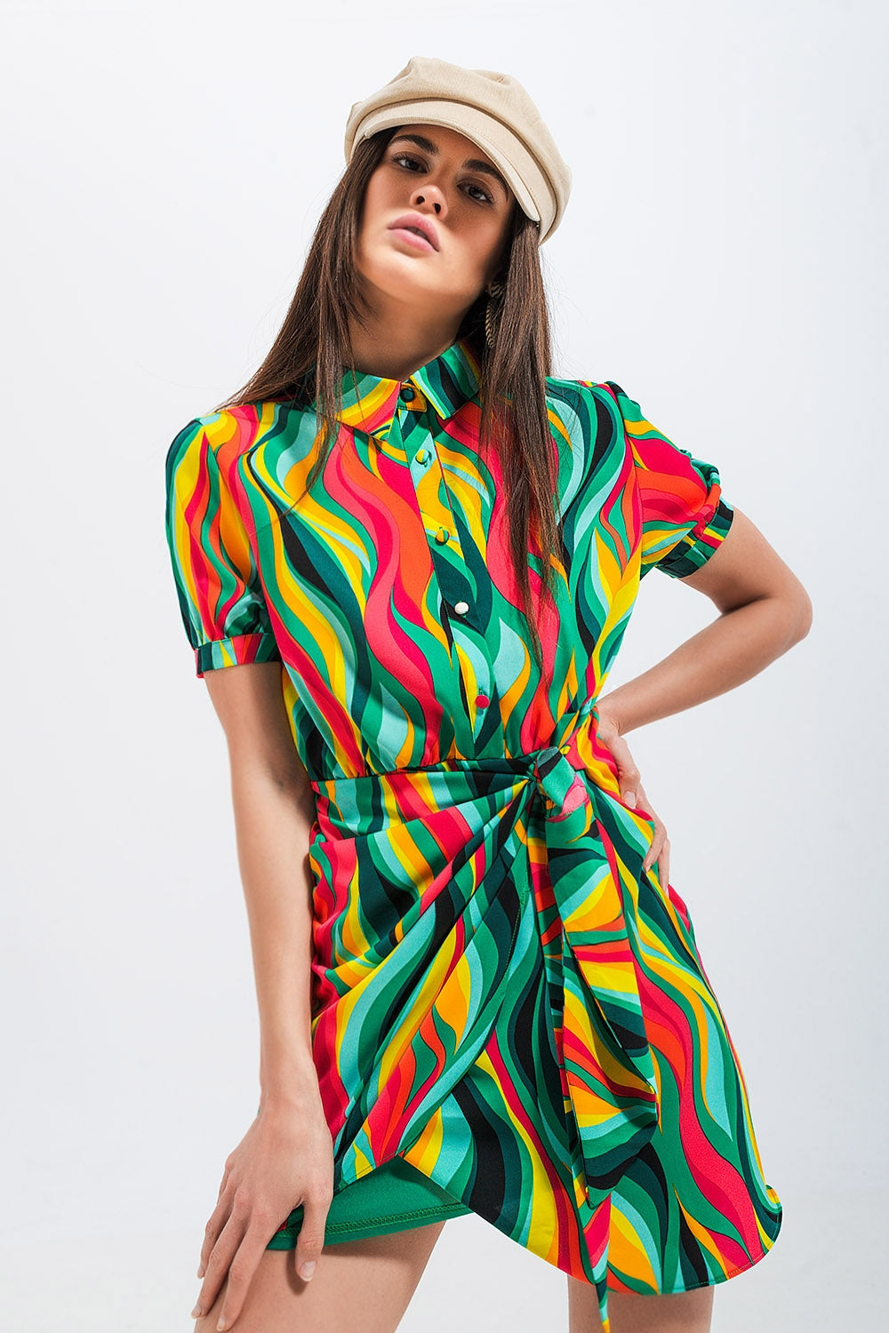 Green Swirl Print Short Wallet Shirt Dress for Women | Casual Summer Outfit & Beach Cover-Up