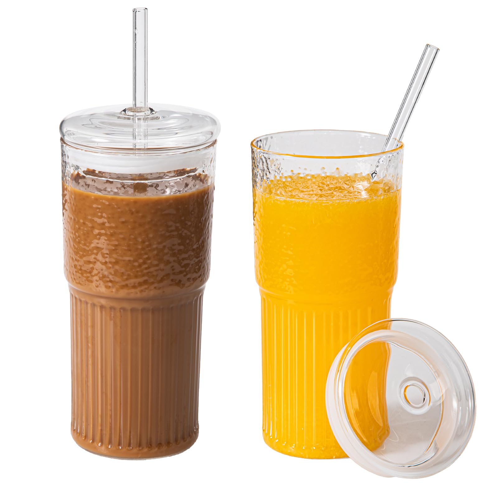 2 Packs 20 oz Glass Tumbler with Lids and Straws - Reusable Clear Glass Coffee Mug for Hot & Cold Drinks - Insulated Thick Wall Iced Tea Cup - Perfect for Coffee, Tea, Smoothies at Home, Office or Travel