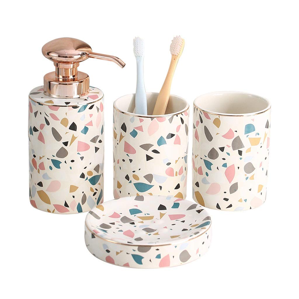 Ceramic Soap Dispenser Set - 4 Piece Marble Rainbow Bathroom Accessories Kit with Lotion Dispenser, Tumbler & Soap Dish - Elegant Home Decor & Gift Idea for Liquid Soap Refill | Perfect for Modern Bathrooms, Guest Suites & Spa-Inspired Spaces
