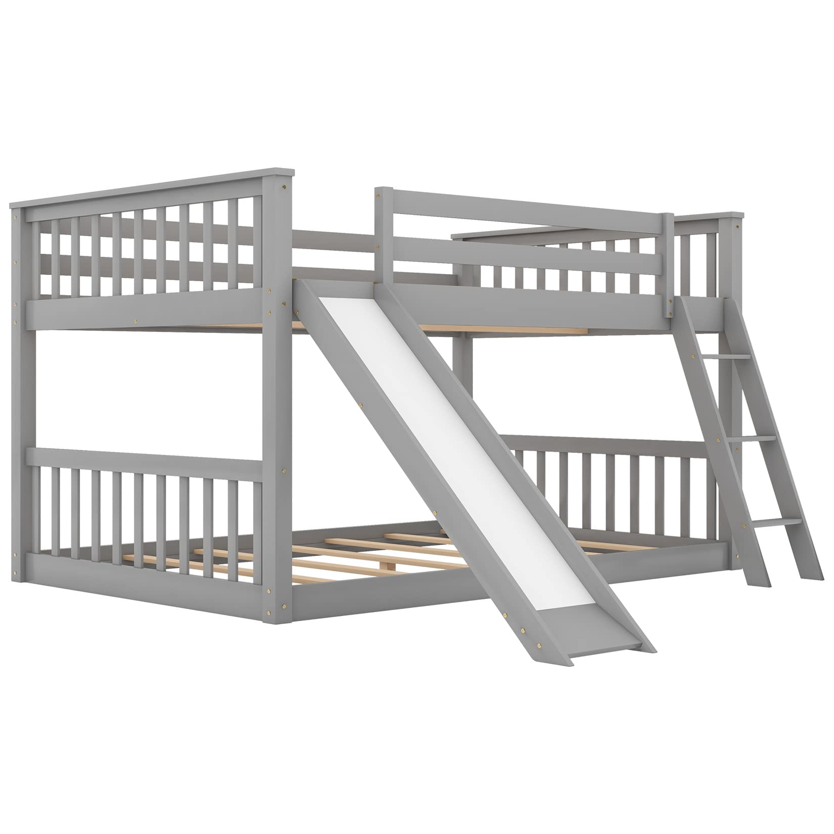 Full Over Full Low Bunk Beds with Slide for Kids - Sturdy Wood Bunk Bed Frame for Boys, Girls & Teens - Space-Saving Bedroom & Dorm Furniture - Perfect for Siblings Sharing Rooms or Small Spaces (Gray)