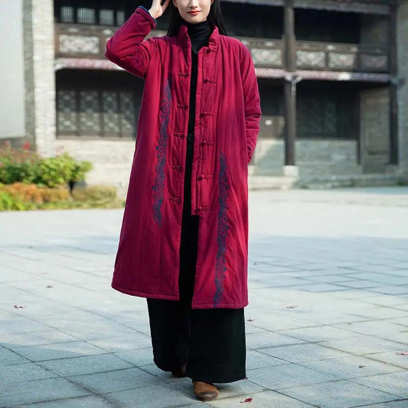 Burgundy Linen Cotton Blend Winter Coat for Women - Warm Padded Jacket with Hood for Cold Weather, Outdoor Activities & Casual Wear