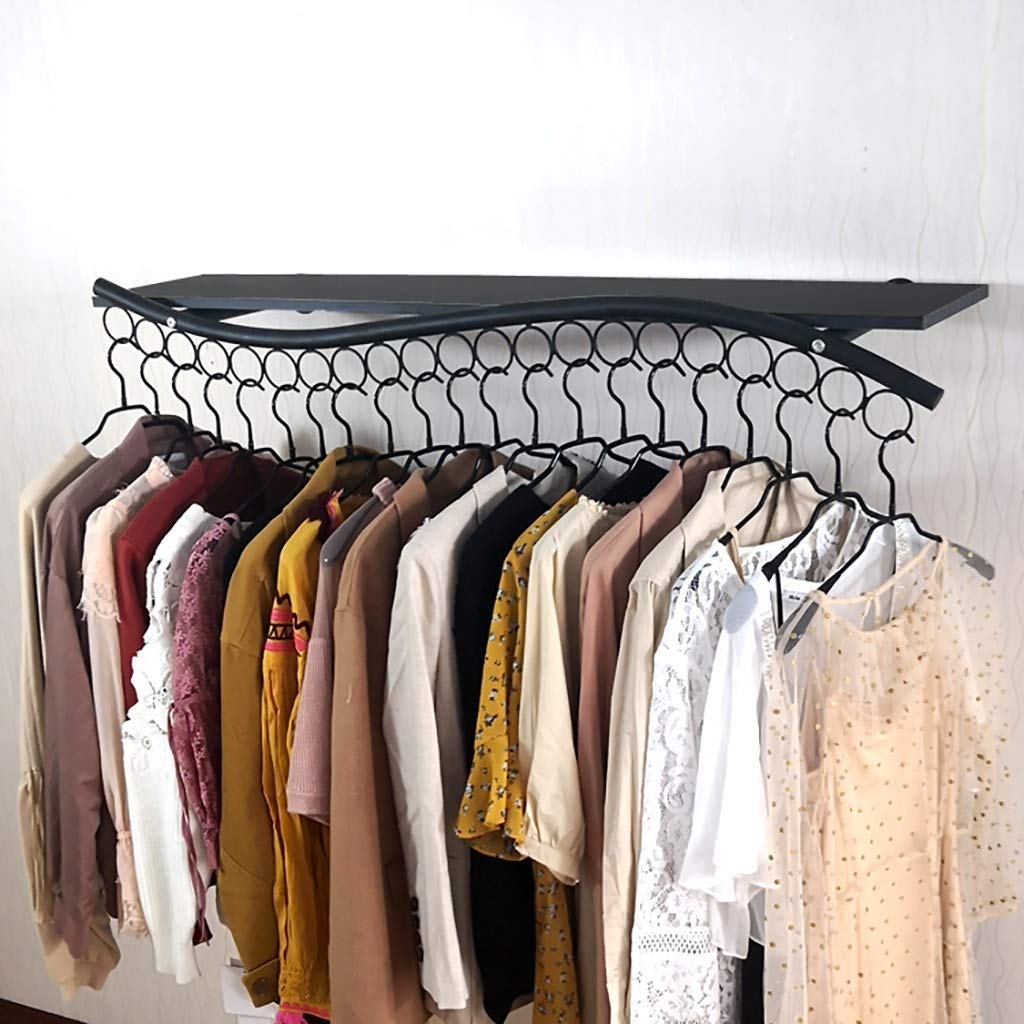 ZSH 47-Inch Wall Mounted Clothes Display Shelf with 21 Hanging Loops - Heavy Duty Garment Rack for Commercial & Home Storage - Black Clothes Hanging Rod for Retail Stores, Boutiques, and Bedroom Organization
