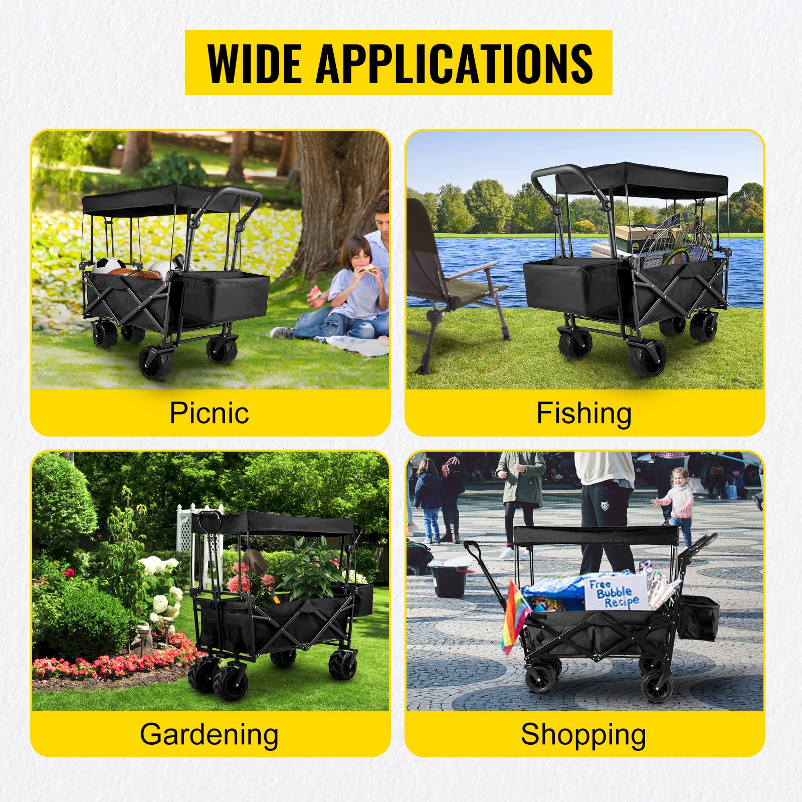 VEVOR Collapsible Wagon with Canopy - 220lbs Capacity Foldable Utility Cart with Large Wheels & Adjustable Handles - Perfect for Beach, Camping, Picnics & Outdoor Adventures