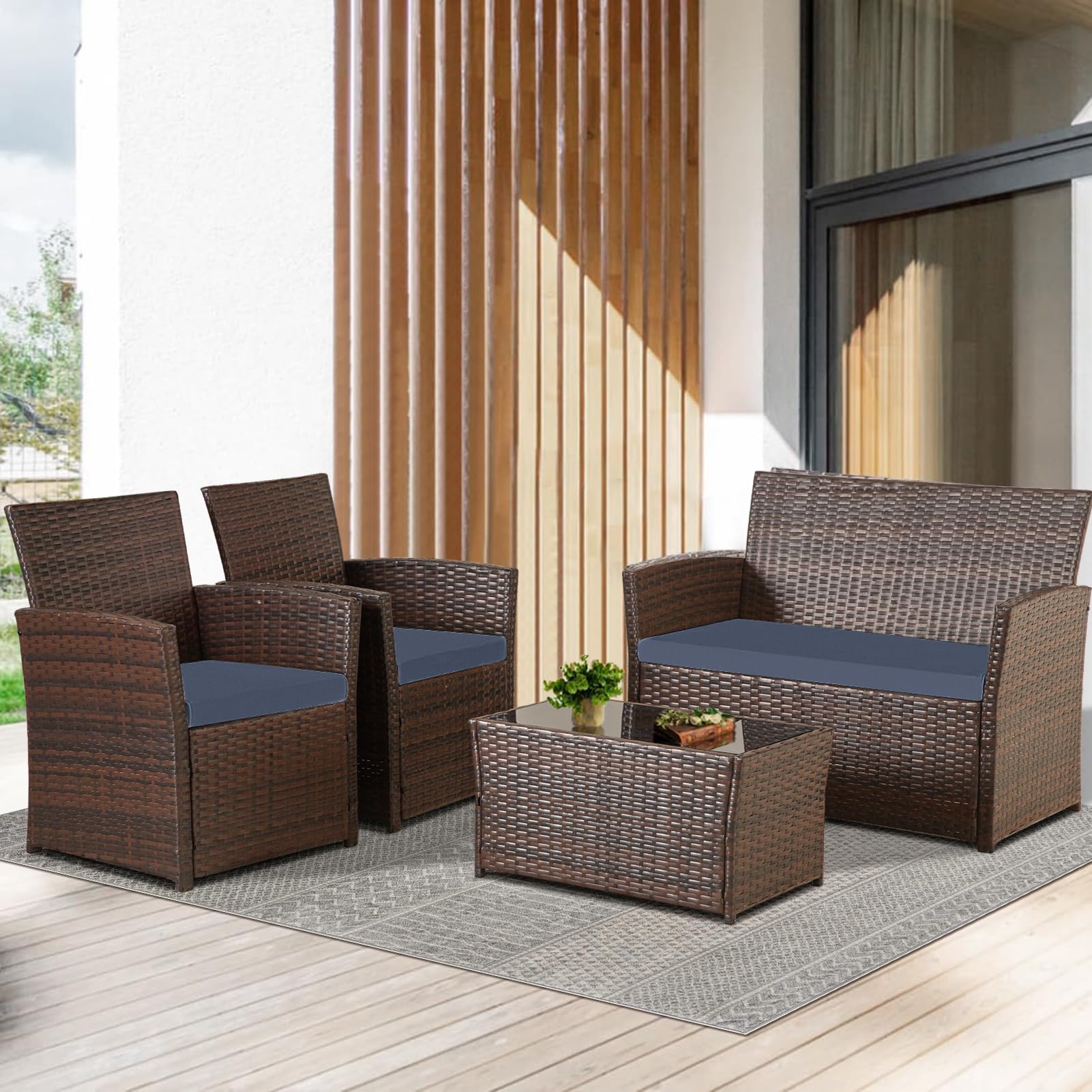 4-Piece Outdoor Patio Furniture Set - All-Weather Wicker Sectional Sofa with Rattan Coffee Table, Chairs & Loveseat - Includes Cushions for Balcony, Porch, Backyard (Brown-Blue) | Perfect for Garden Relaxation, Poolside Lounging & Outdoor Entertaining