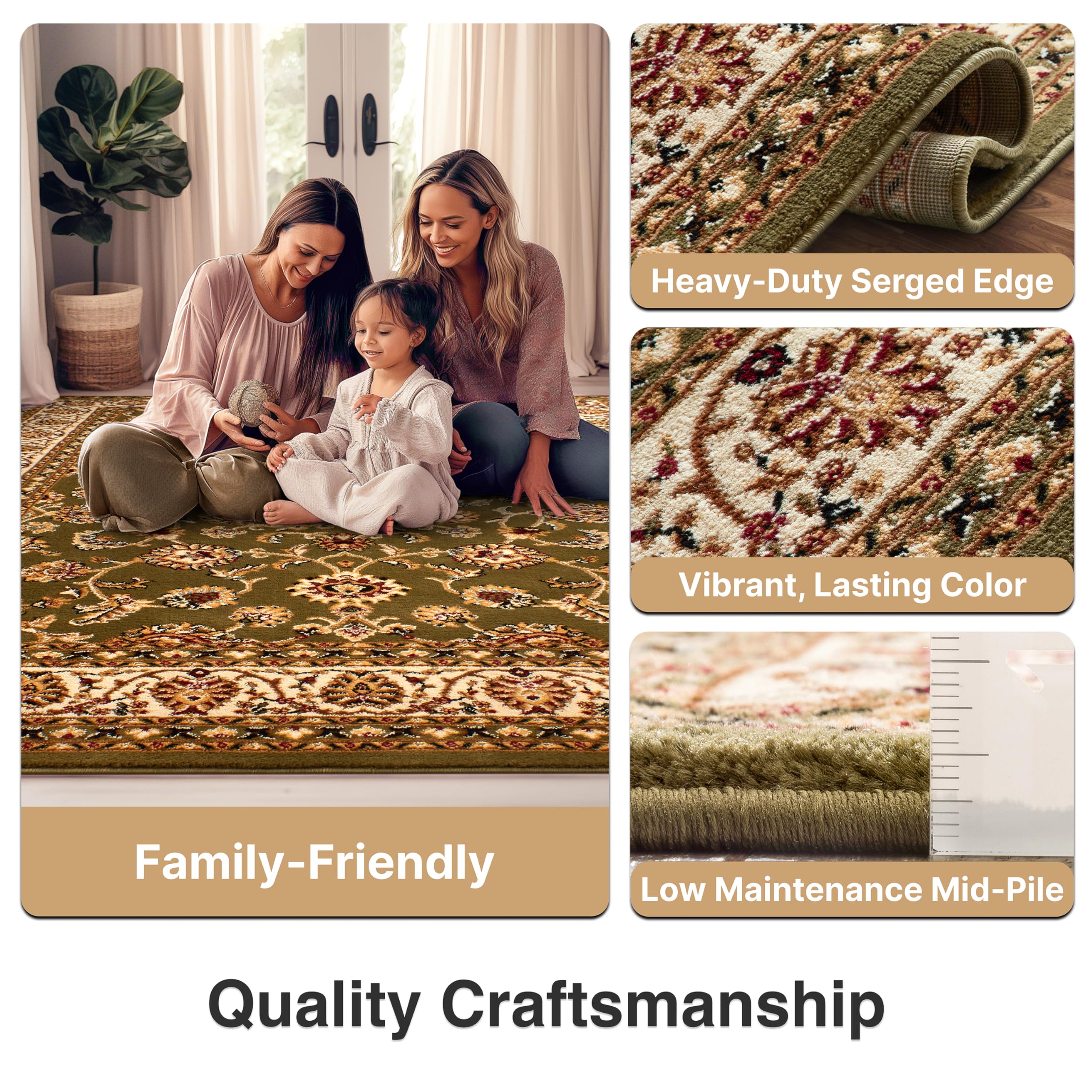 Well Woven Barclay Collection Sarouk Green 6x9 Area Rug - Soft Modern Handmade Wool Carpet for Living Room, Bedroom, Dining Room - Perfect for Home Decor, Office & High Traffic Areas