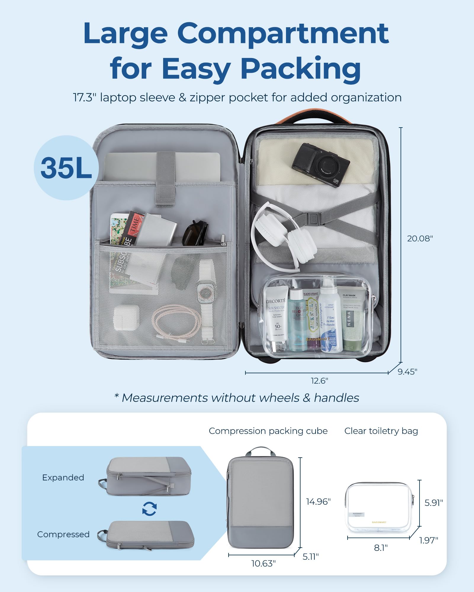 BAGSMART Rolling Travel Backpack - Water-Resistant Wheeled Laptop Backpack for Adults & College Students, 17 Inch Large Carry-On Luggage with 2 Packing Cubes (Black) - Perfect for Air Travel, Business Trips & Campus Commutes