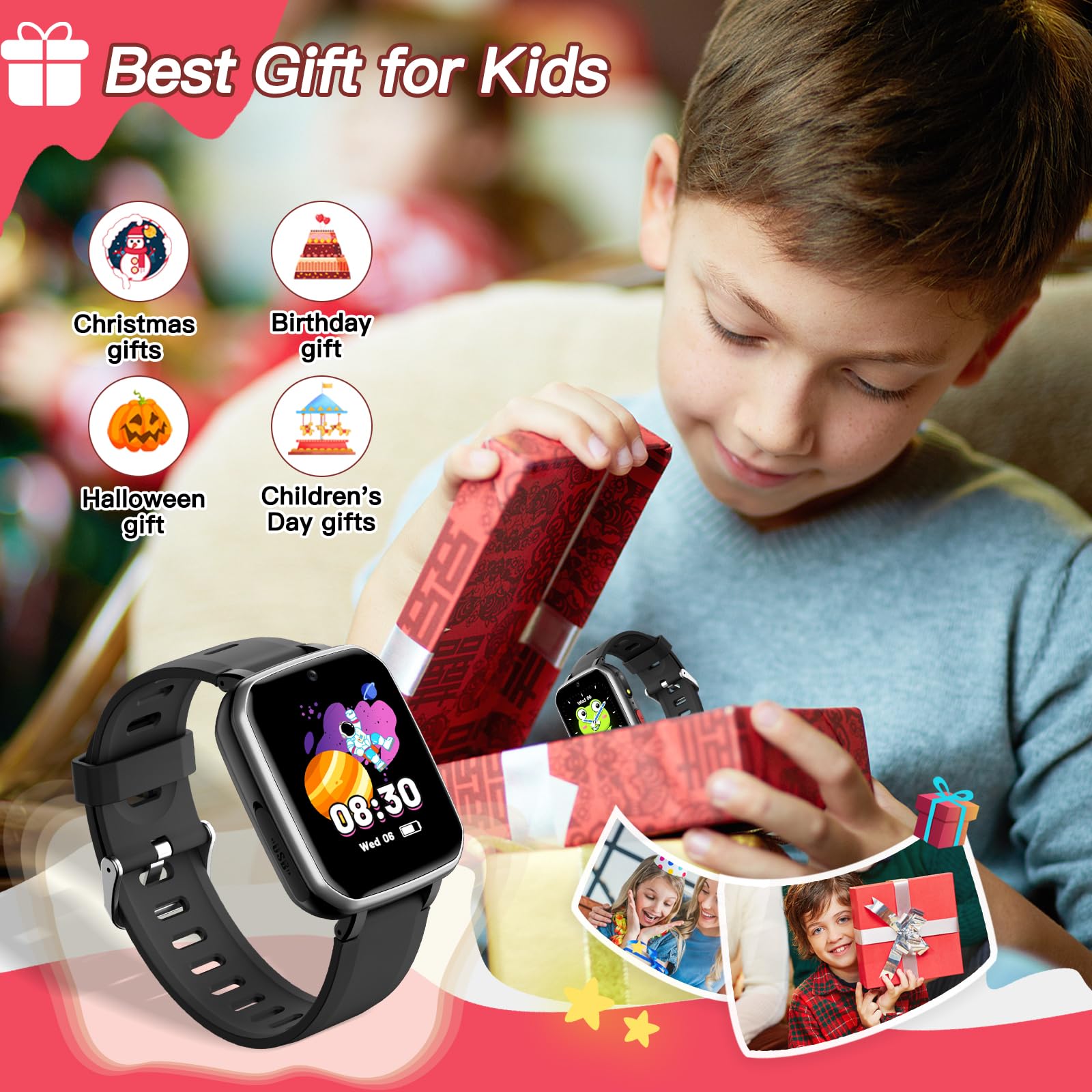 Kids Smart Watch for Boys & Girls Ages 6-12 - 15 Educational Games, Video Camera, Music Player, Pedometer & Flashlight | Learning Electronic Toy with Touch Screen | Perfect Birthday Gift for Kids (Black) - Ideal for School, Playtime & Outdoor Activities
