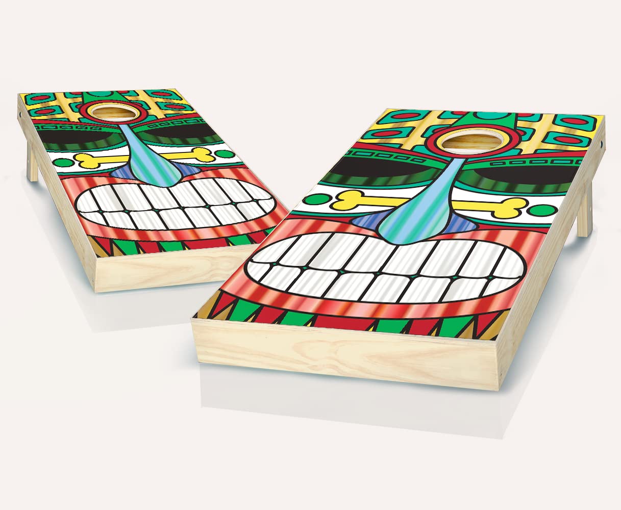 Skip's Garage Tiki Face Colors Cornhole Game Set - Includes 2 Premium Boards & 8 Bean Bags - Outdoor Lawn Games for Backyard Parties, Tailgating, and Beach Fun