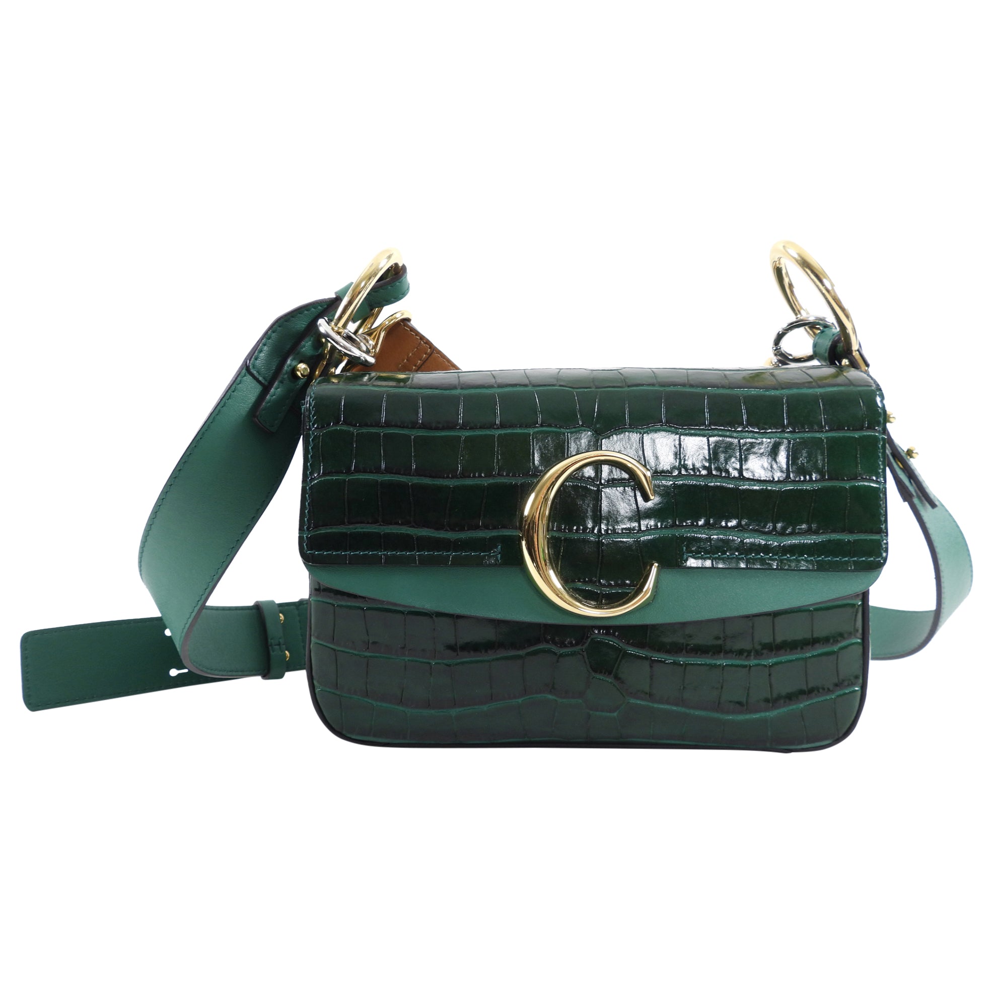 Chloe Green Croc-Embossed C Two-Way Flap Crossbody Bag - Stylish Handbag for Women, Perfect for Work, Travel & Evening Out