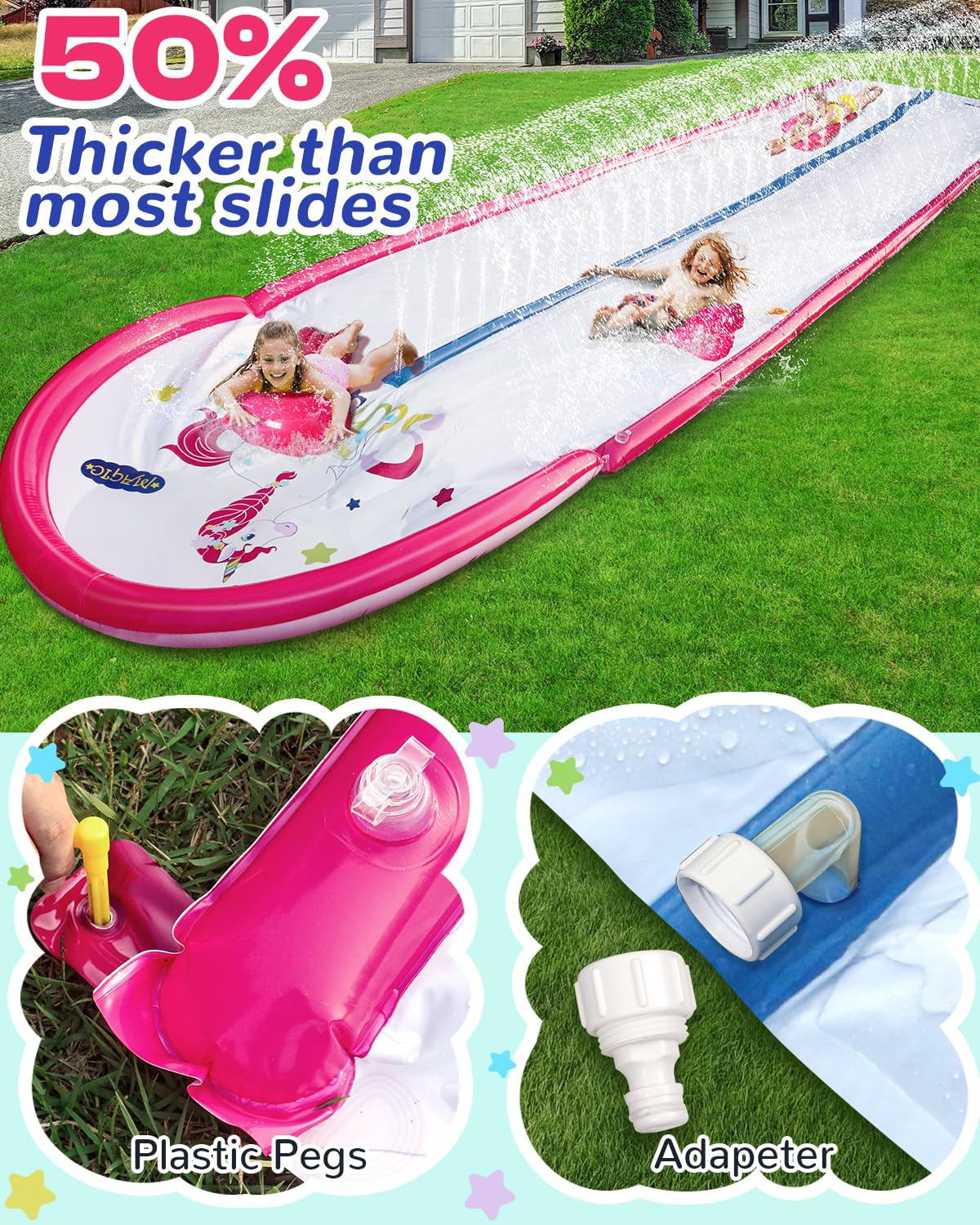 22ft Inflatable Slip and Water Slide with 2 Bodyboards - Pink Backyard Water Slide with Sprinkler for Kids | Summer Outdoor Water Toys, Lawn Slide for Pool Parties, Birthday Celebrations & Family Fun
