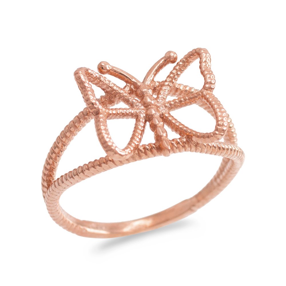 14K Rose Gold Dainty Butterfly Rope Band Ring - Elegant Jewelry for Women, Perfect for Everyday Wear, Gifts & Special Occasions