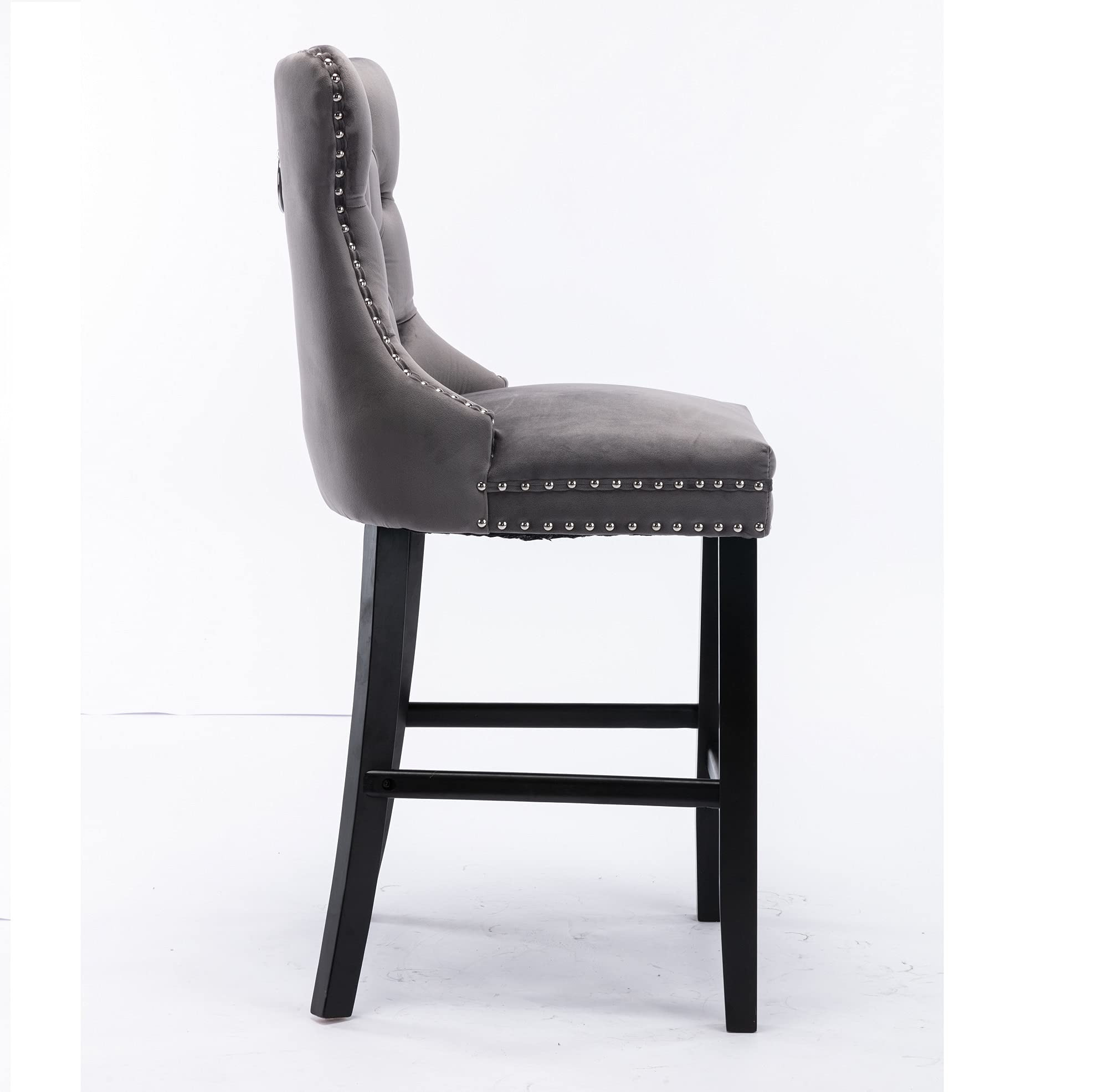 Luxury Velvet Fabric Dining Bar Chairs - Tufted Back with Nailed Trim & Ring Pull - Armless Counter Height Chairs for Kitchen & Home - Solid Rubber Wood Legs - Set of 2 Grey Bar Stools - Perfect for Breakfast Nook, Kitchen Island & Small Space Dining