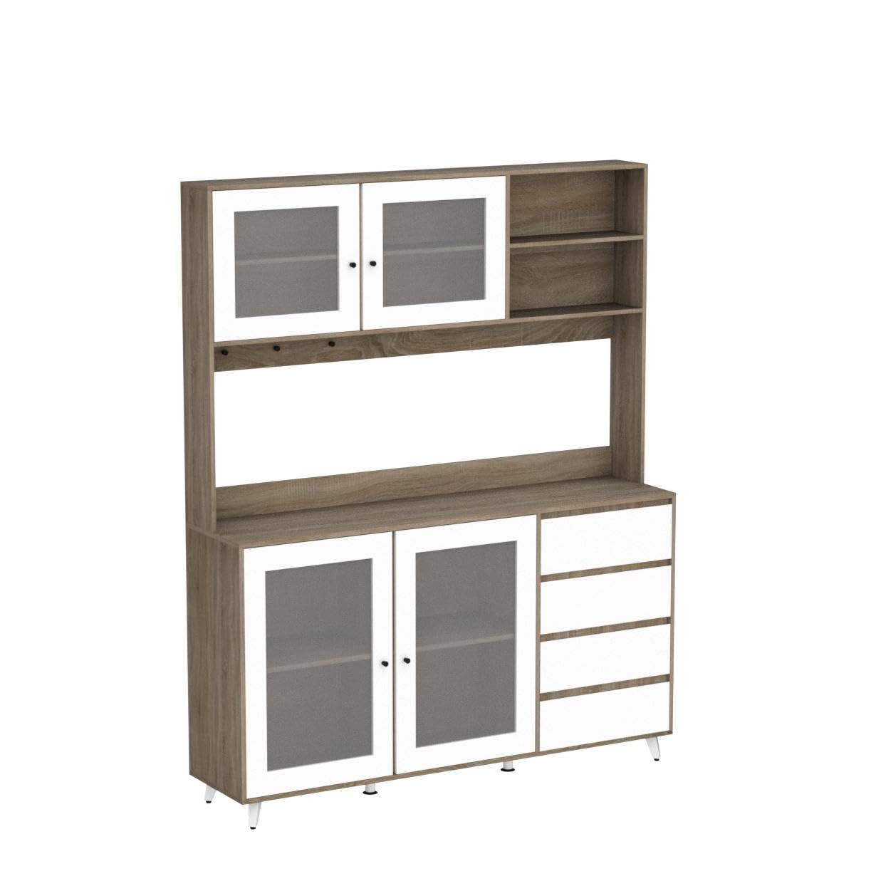 Large Kitchen Hutch Cabinet with 4 Glass Doors & 4 Drawers - White Oak Pantry Storage Cupboard with Microwave Shelf - 63