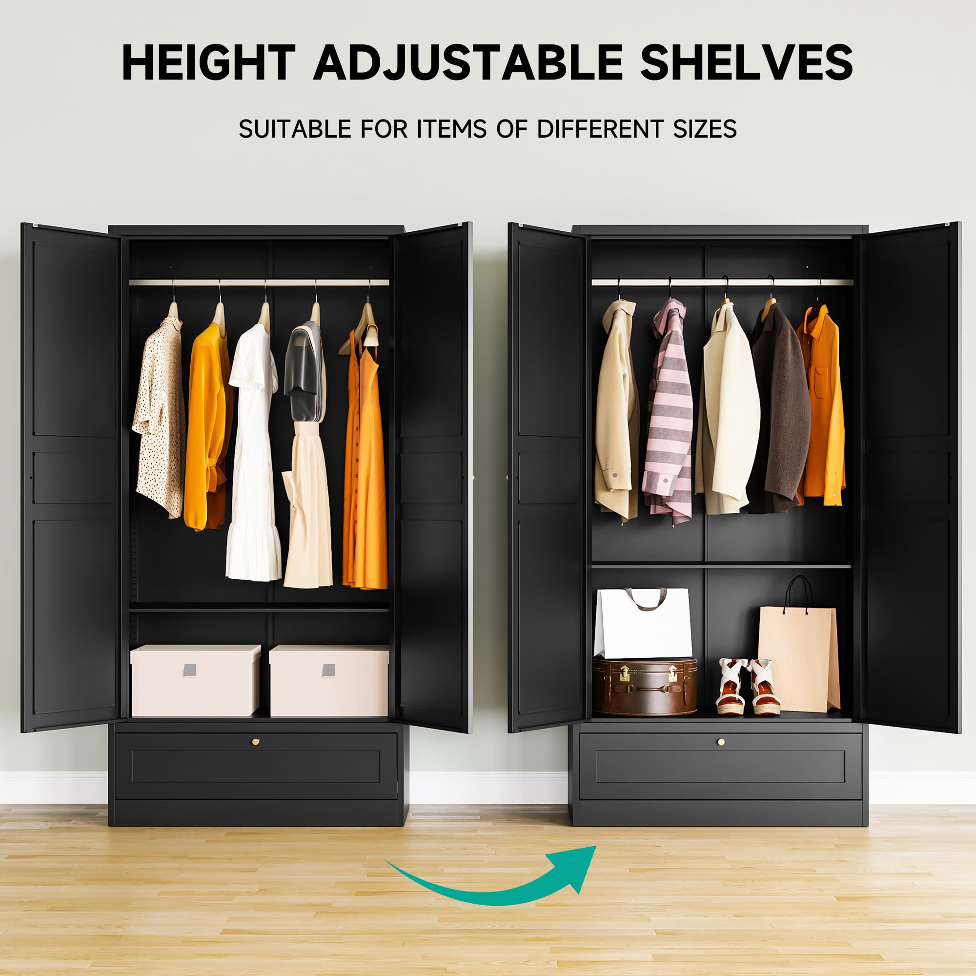 Black Metal Wardrobe Cabinet with Doors & Drawer - Adjustable Shelves & Hanging Rod for Bedroom Closet Storage | Home Organization & Clothing Armoire for Small Spaces
