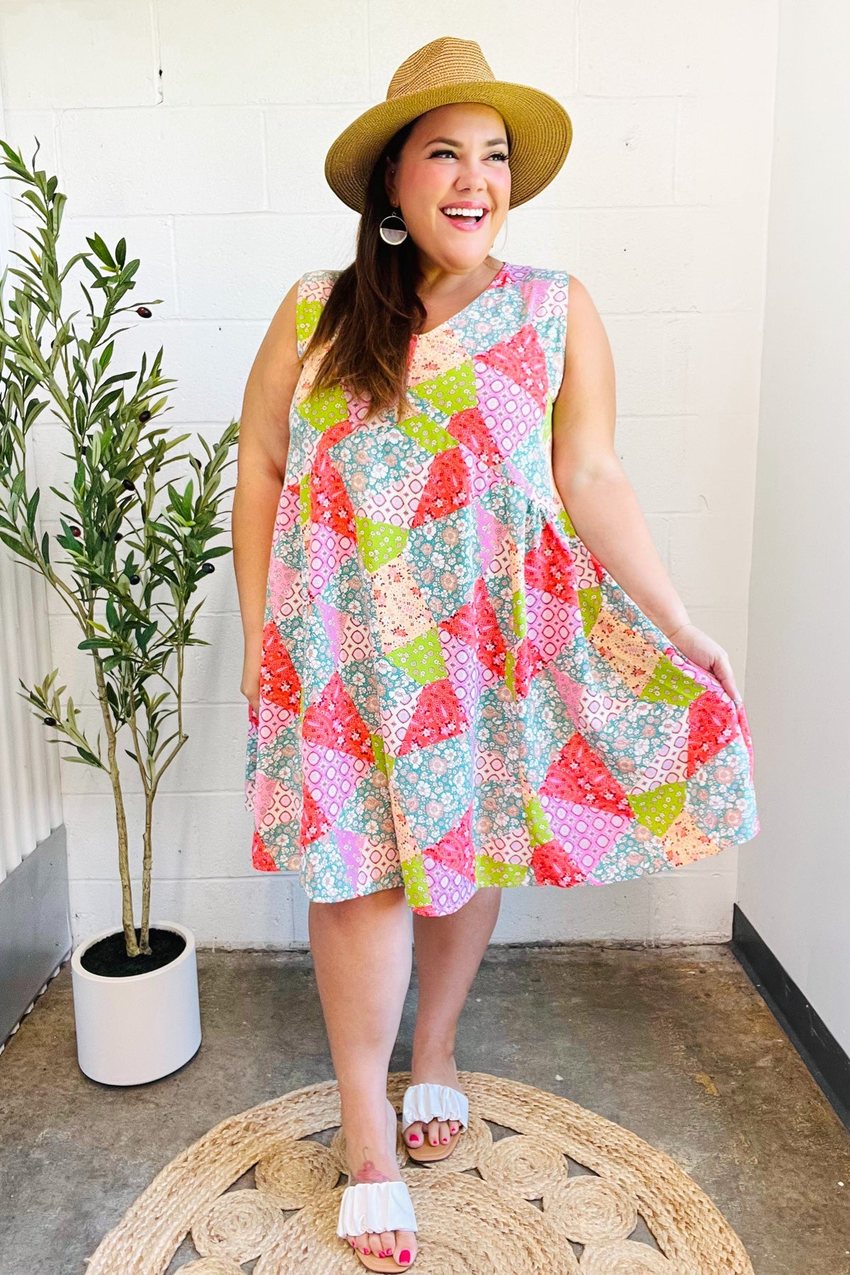 Hello Beautiful Peach & Sage Patchwork Babydoll Swing Dress - Flowy Summer Dress for Women, Boho Chic Midi Dress with Floral Print | Perfect for Beach Vacations, Date Nights & Outdoor Parties