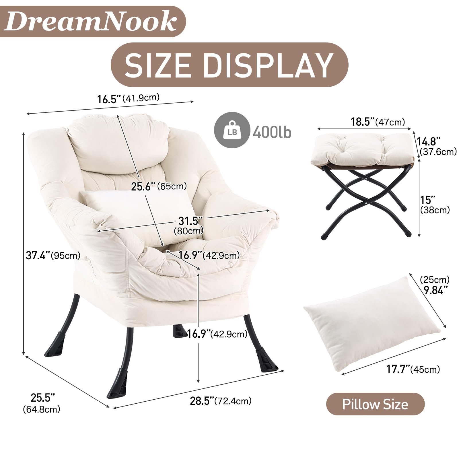 Modern Velvet Beige Lazy Chair with Ottoman - Oversized Supportive Lounge Chair with Lumbar Pillow & Folding Footrest - Perfect for Bedroom, Living Room, Reading Nook & Relaxation
