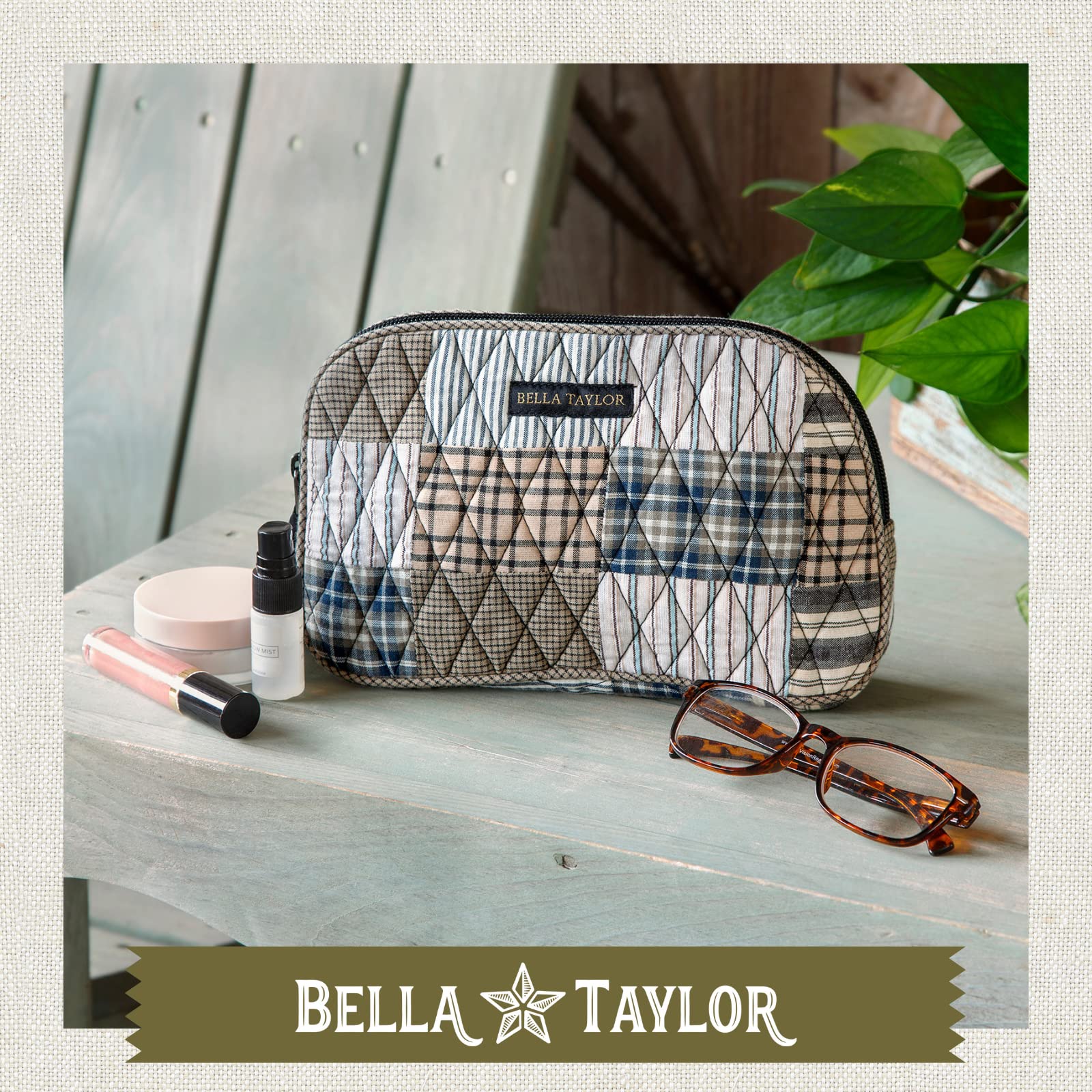 Bella Taylor Large Quilted Cotton Makeup Pouch for Women - Travel Cosmetic Bag Organizer - Ashmont Tan, Grey & Cream Patchwork Design - Perfect for Travel, Gym & Daily Essentials Storage