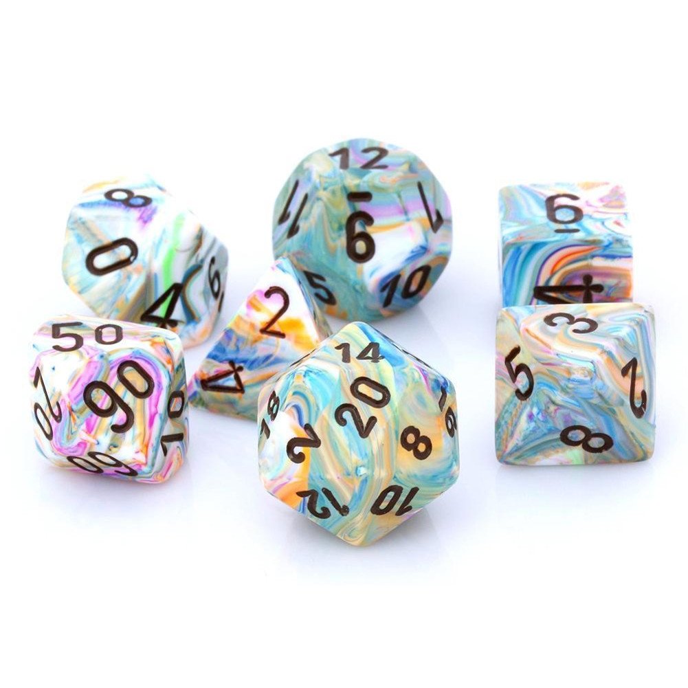 Chessex Polyhedral 7-Die Dice Set - Vibrant Color Swirl with Brown Pips for D&D, RPG, Tabletop Gaming & Board Games