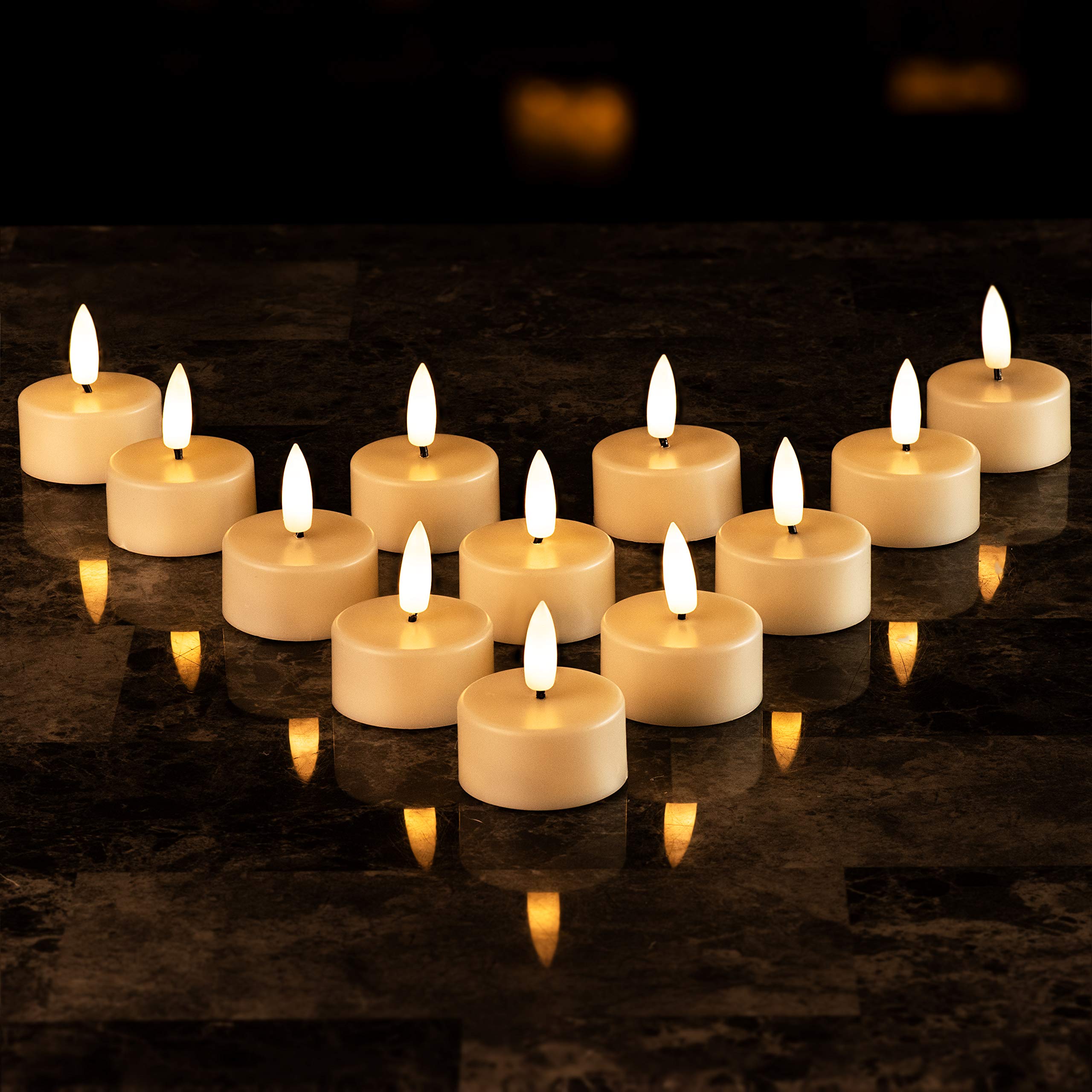 Set of 12 Flameless LED Ivory Tealight Candles with Realistic Black Wick - Battery Operated, Remote Control & Timer - Perfect for Weddings, Home Decor & Romantic Ambiance