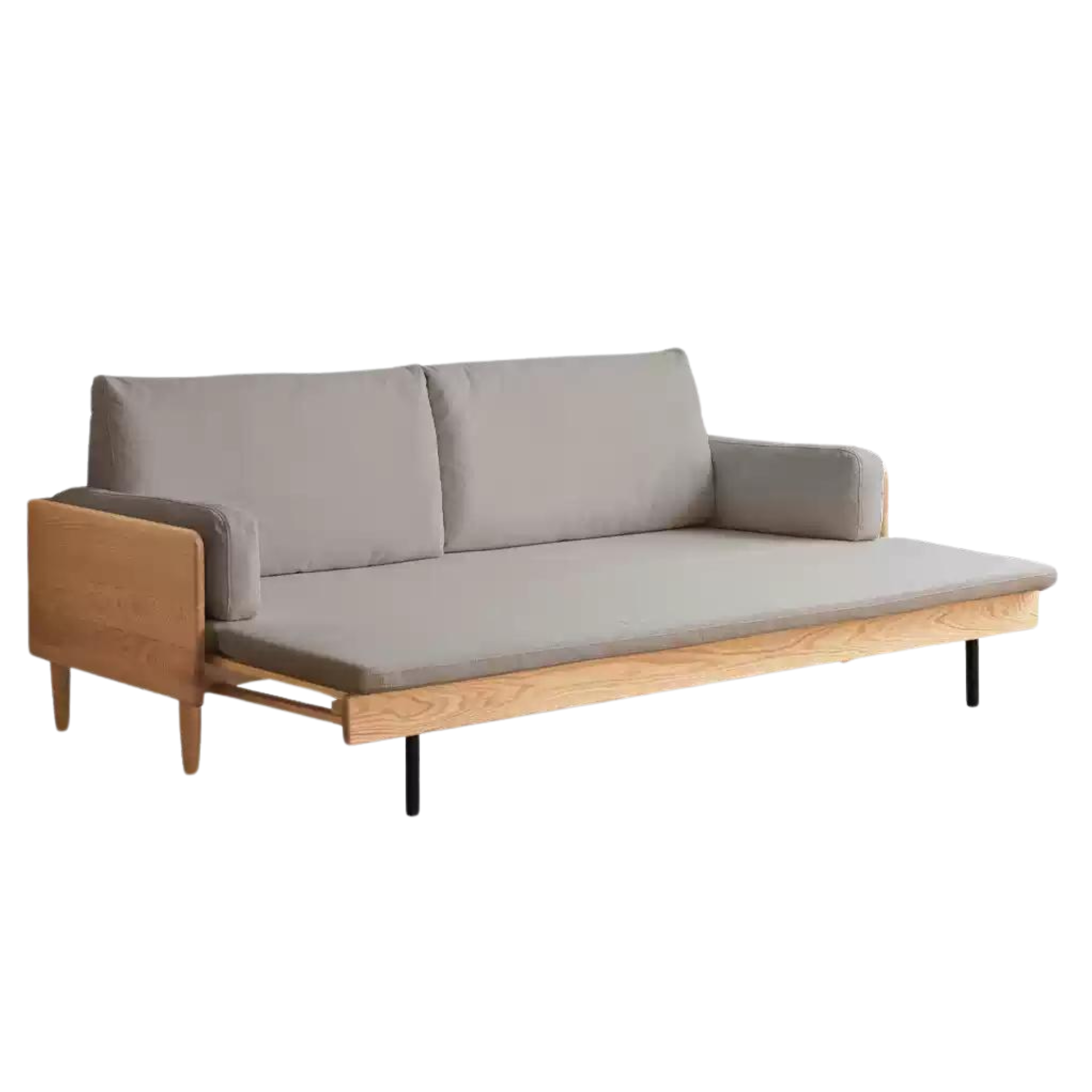 Oak Solid Wood Sofa Bed with Folding White Goose Feather Cushions - Convertible Sleeper for Small Spaces & Guest Rooms