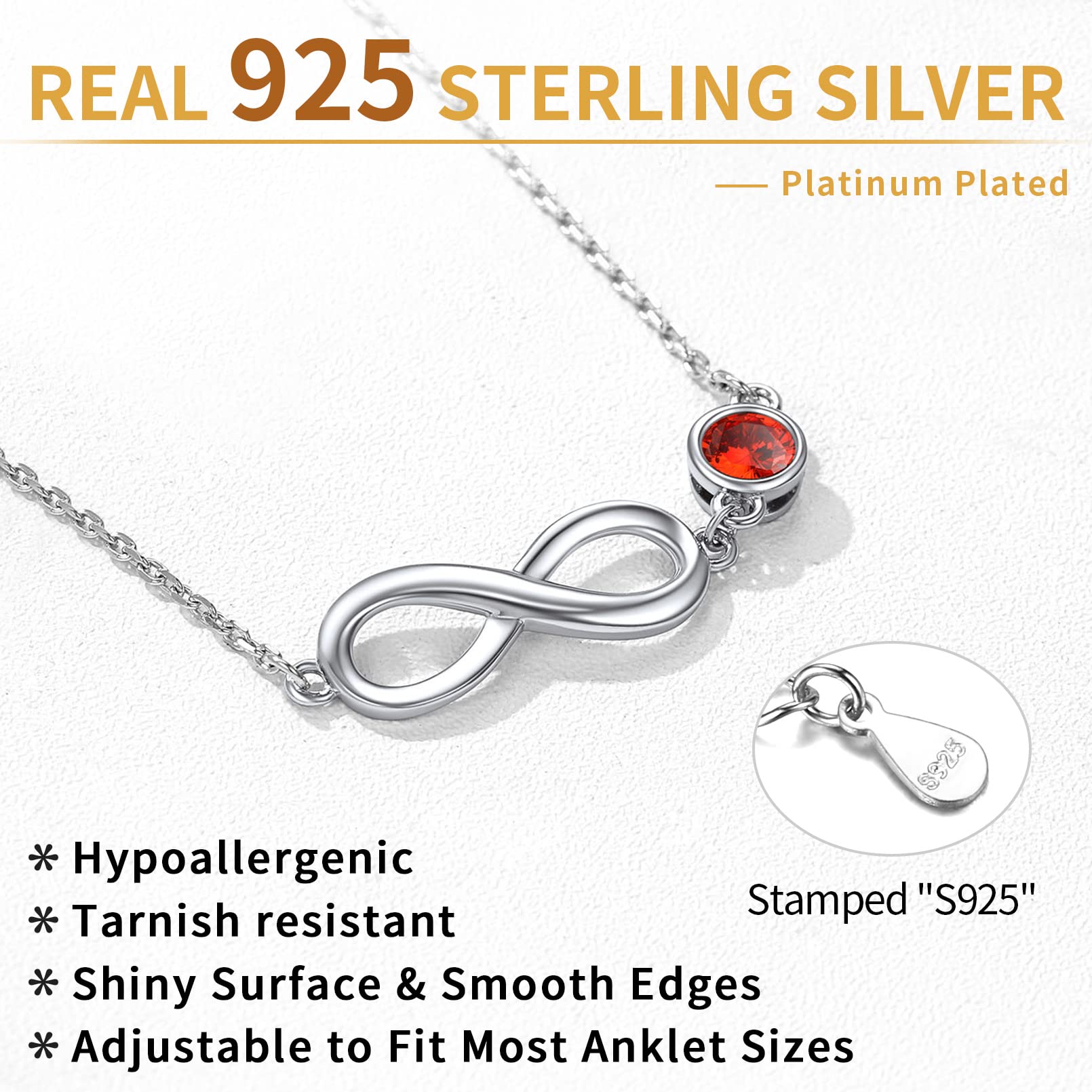 ChicSilver 925 Sterling Silver Infinity Birthstone Ankle Bracelet - Dainty Foot Chain Jewelry for Women, Girls - Perfect for Summer, Beach, Wedding & Everyday Wear