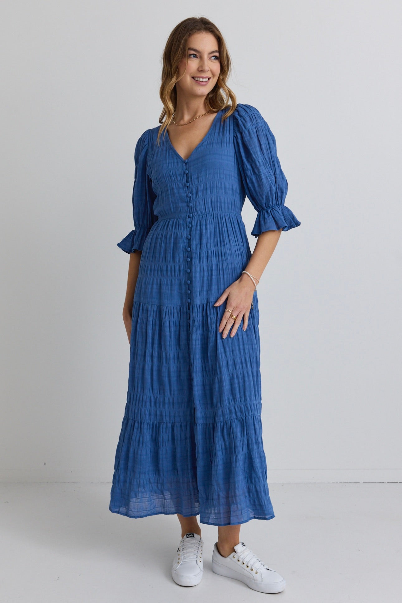 Dreamy Steel Blue Bubble Sleeve Button Front Tiered Maxi Dress for Women - Elegant Boho Summer Beach Dress for Vacations & Outdoor Events
