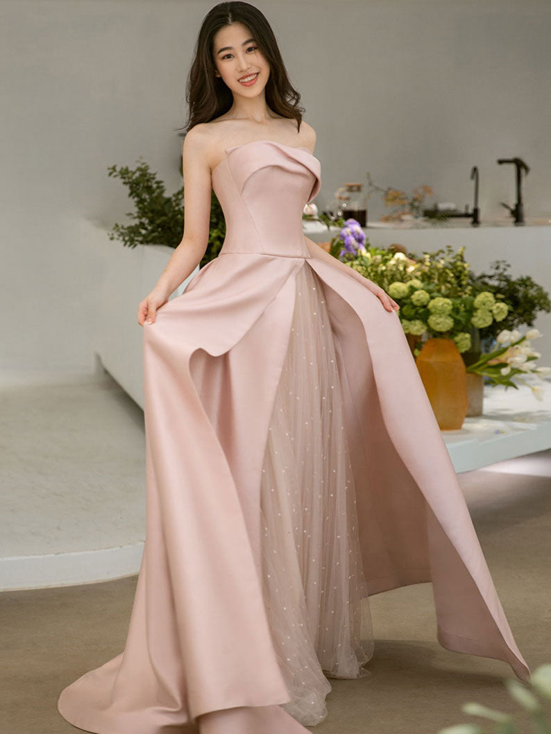 Elegant Pink Satin Tulle Long Prom Dress - Formal Bridesmaid Gown for Weddings, Evening Parties & Special Occasions