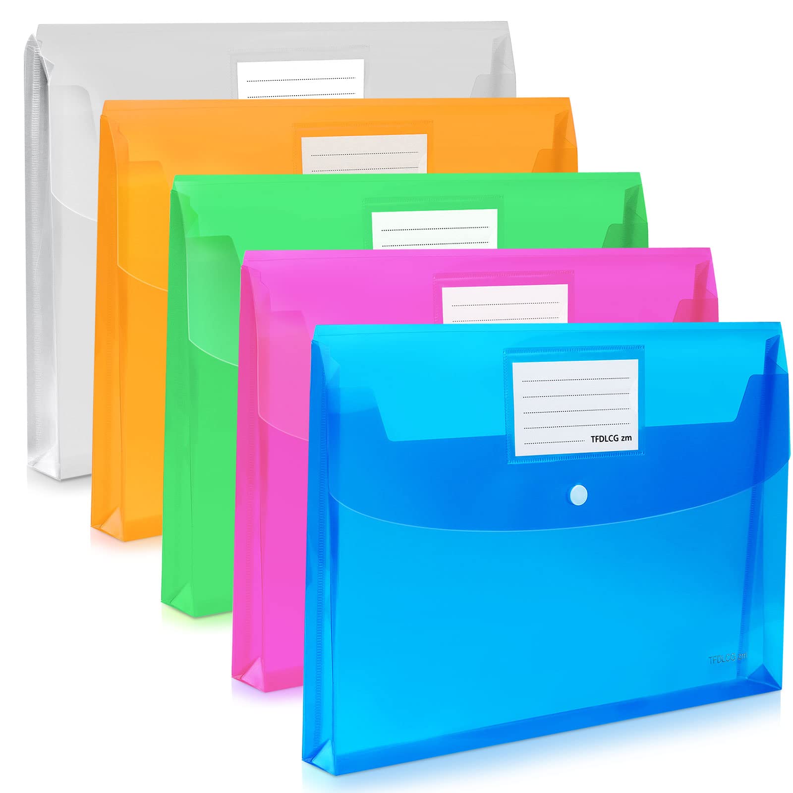 5 Pack Large-Capacity Colored Transparent Document Folders - Plastic Envelopes with Snap Closure, A4 Letter Size (13