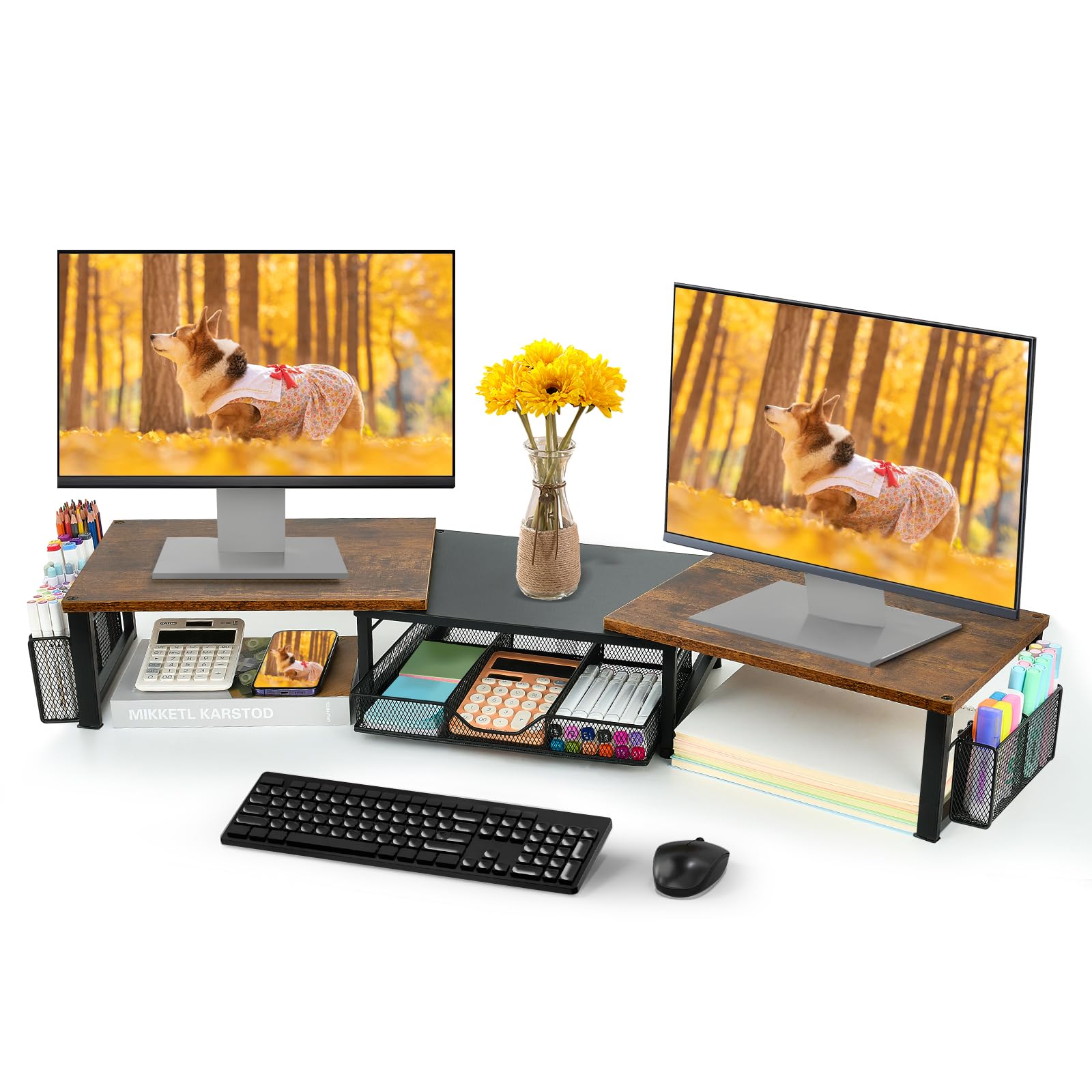 Dual Monitor Stand Riser with Drawer & Pen Holders - Wooden Desk Organizer for Office, Laptop, Printer & TV - Perfect Workspace Accessory for Home Office & Gaming Setup