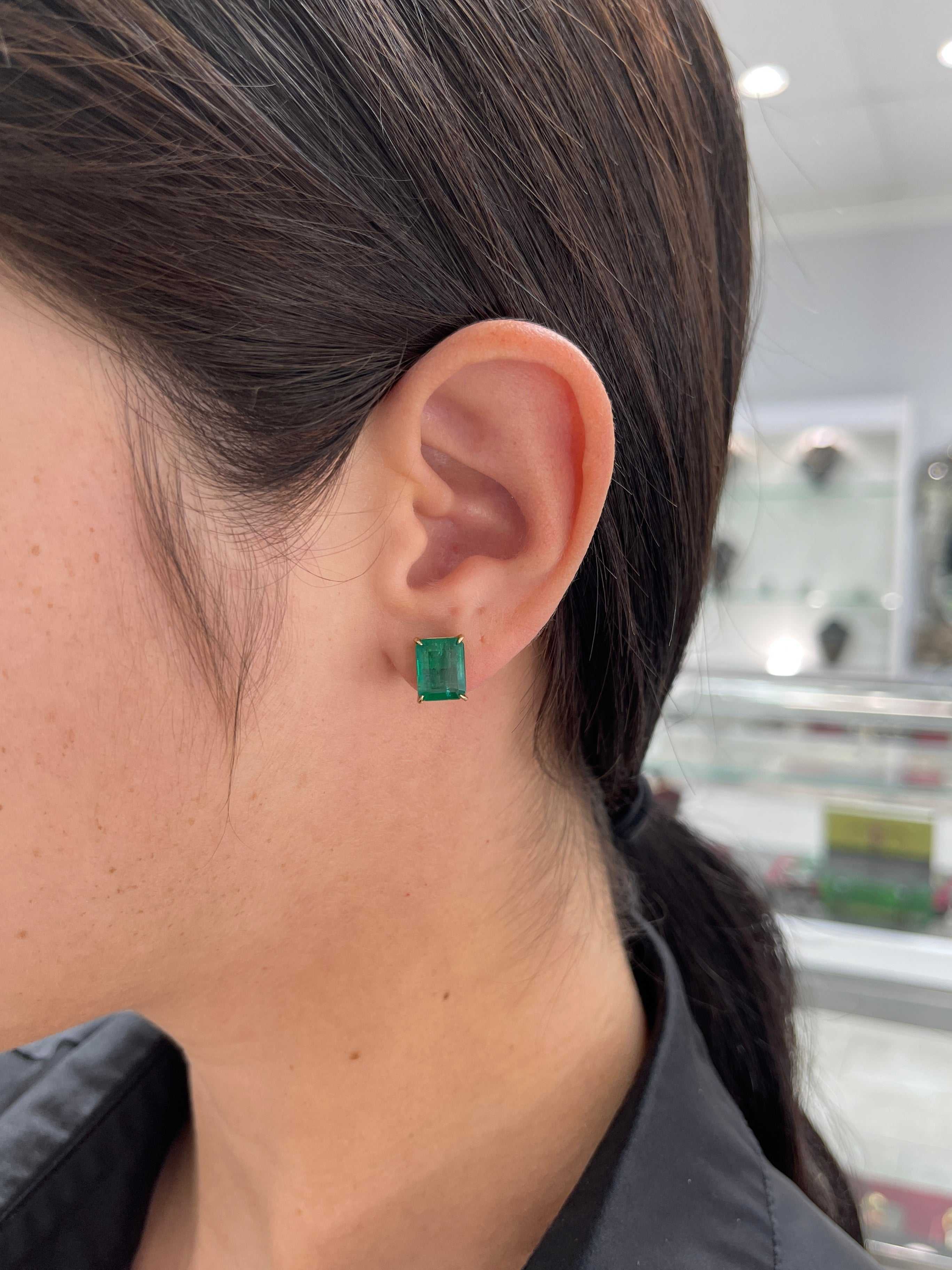 5.62tcw Classic Vivid Green Emerald Solitaire Stud Earrings in 18K Gold - Perfect for Weddings, Anniversaries & Special Occasions