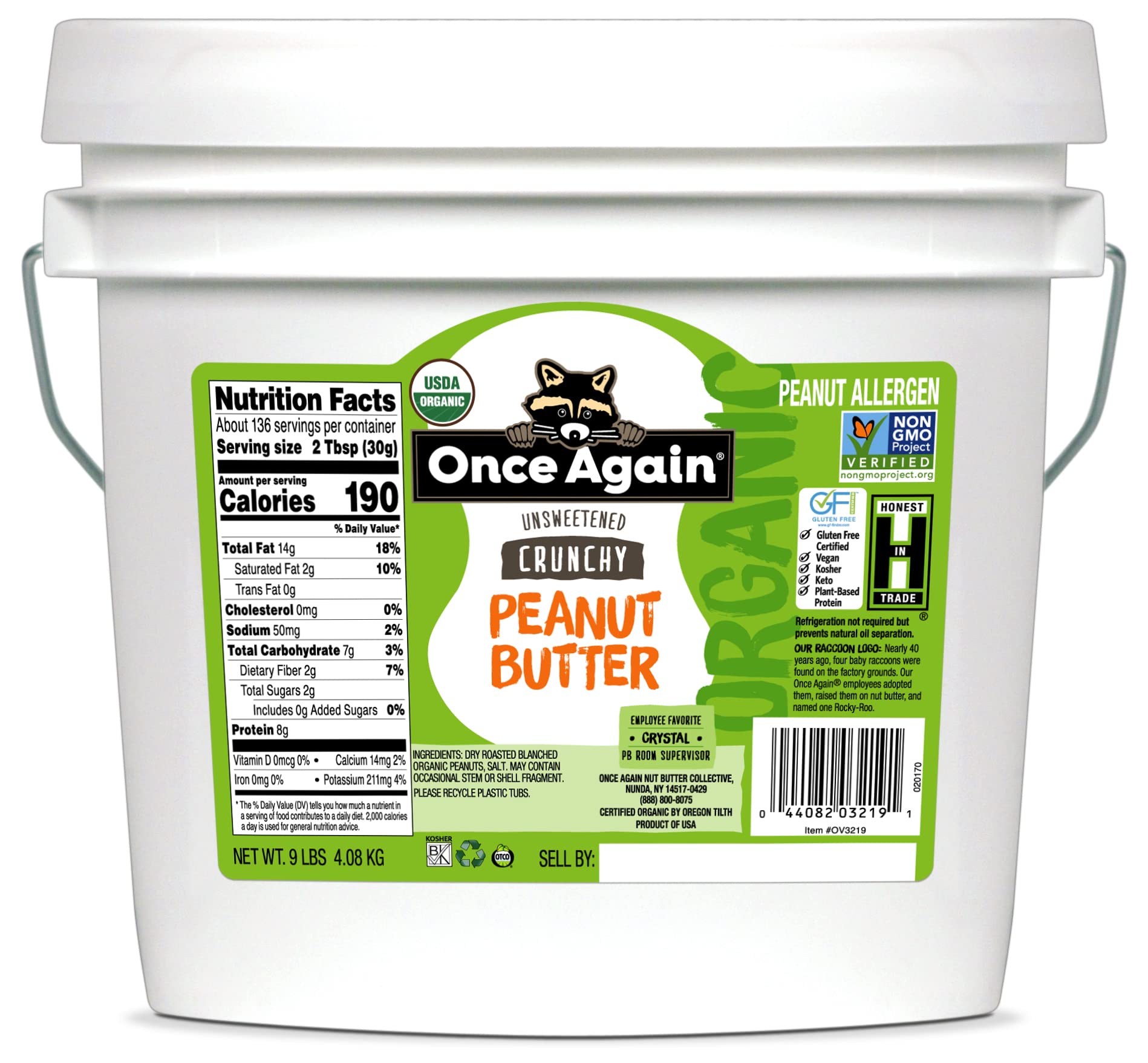 Once Again Organic Crunchy Peanut Butter, 9lb Bulk Bucket (Equivalent to 9 Jars) - Lightly Salted, Unsweetened, USDA Organic, Gluten Free, Vegan & Kosher Certified - Perfect for Smoothies, Baking & Healthy Snacks