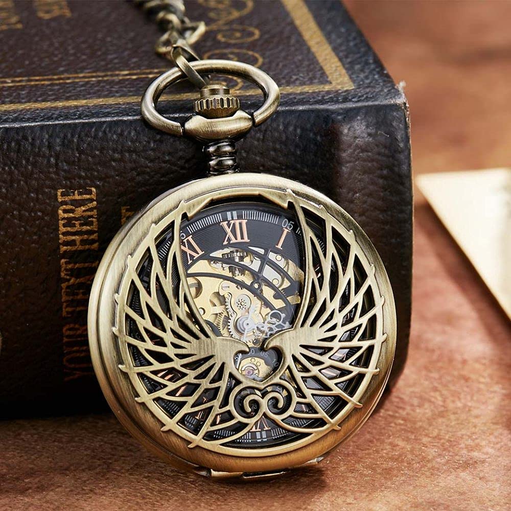 UIOXAIE Luxury Mechanical Pocket Watch with Chain - Angel Wings Hollow Design, Hand Winding Bronze Pendant Clock for Men & Women, Gold & Silver Dual Open Case Fob Watch - Perfect for Vintage Weddings, Steampunk Cosplay & Collector's Gift
