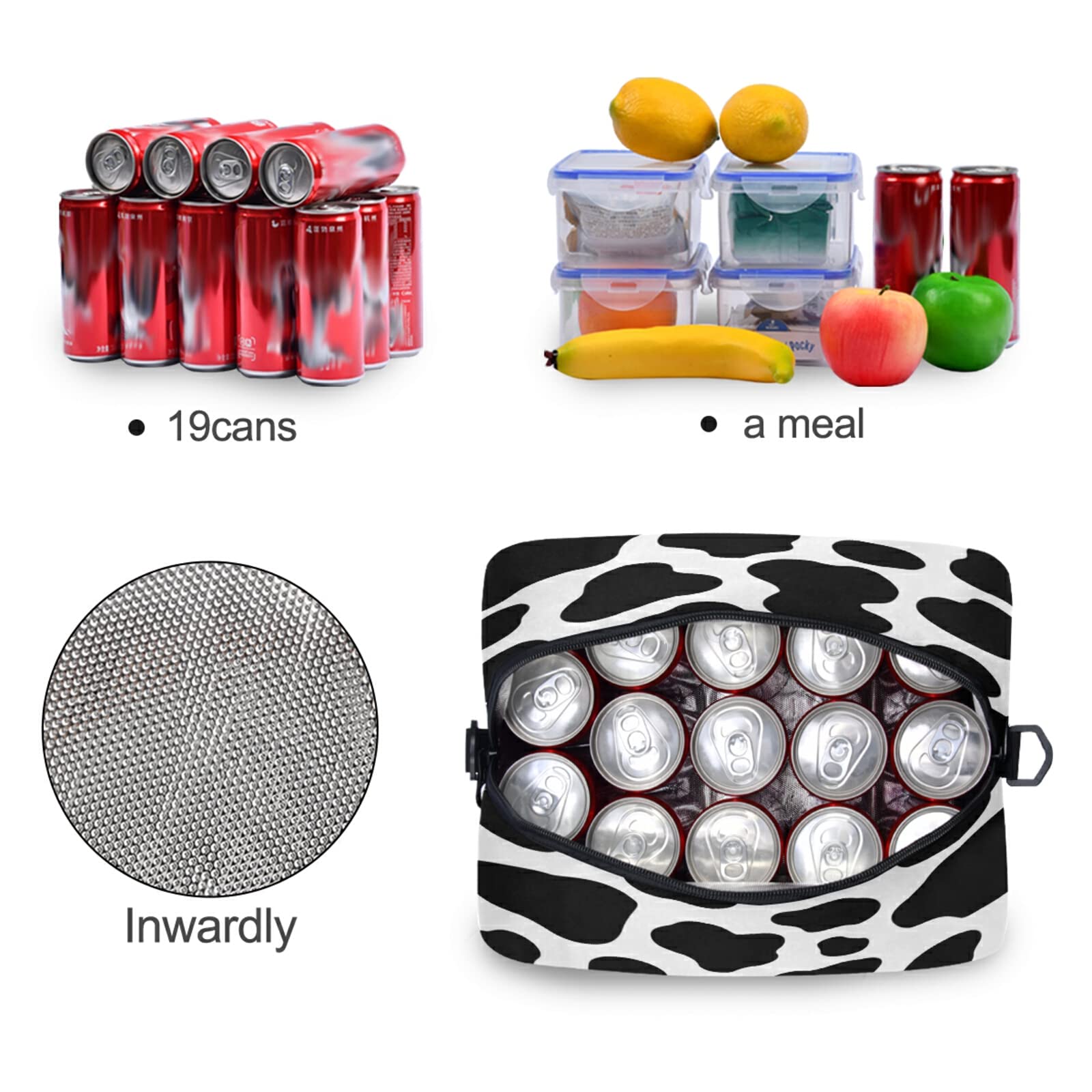 Insulated Reusable Lunch Bag with Cow Print - Eco-Friendly Cooler Tote for Women, Men & Kids - Perfect for School, Office, Picnic & Travel - Black Zippered Lunch Box Organizer