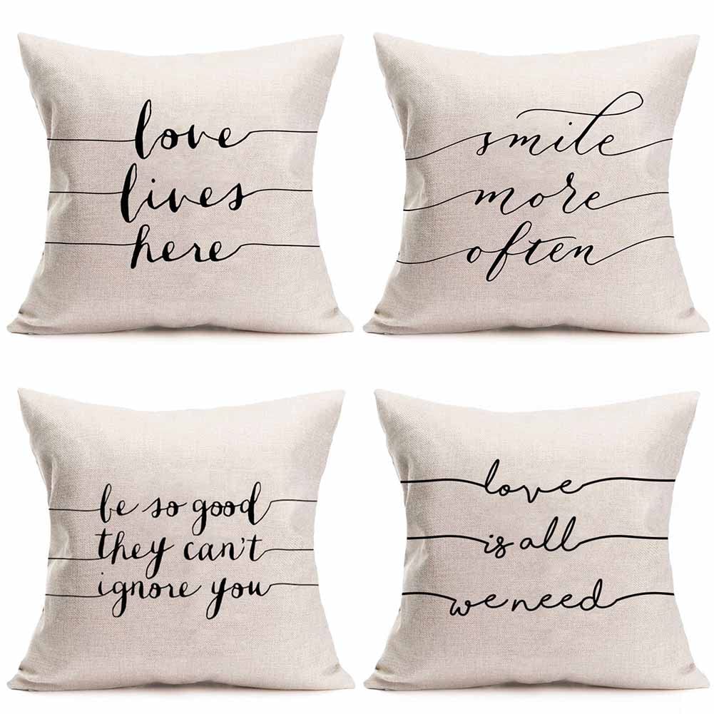 Xihomeli Inspirational Quote Throw Pillow Covers Set of 4 - 18x18 Inch Cotton Linen Love Lives Here & He is Good Pillowcases - Black and White Home Decor for Living Room, Bedroom, Sofa