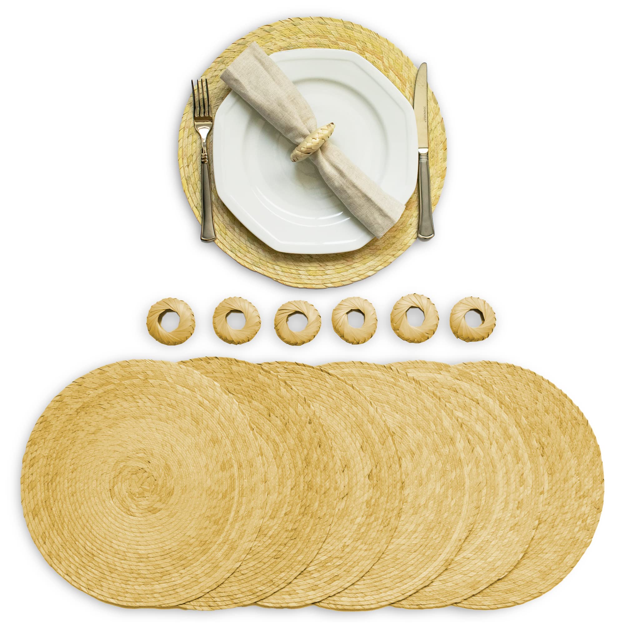 Handmade Natural Woven Round Placemats Set of 6 with Napkin Rings - Eco-Friendly Straw Wicker Chargers for Dining Table - Rustic Wedding & Home Decor Place Settings for Everyday Use & Special Occasions