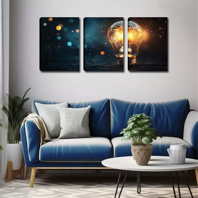 3-Piece Bright Light Bulb Wall Art Set - Framed Canvas 40x60cm - High Quality Print - 100% Australian Made - Ready to Hang - Perfect for Living Room, Bedroom & Office Decor