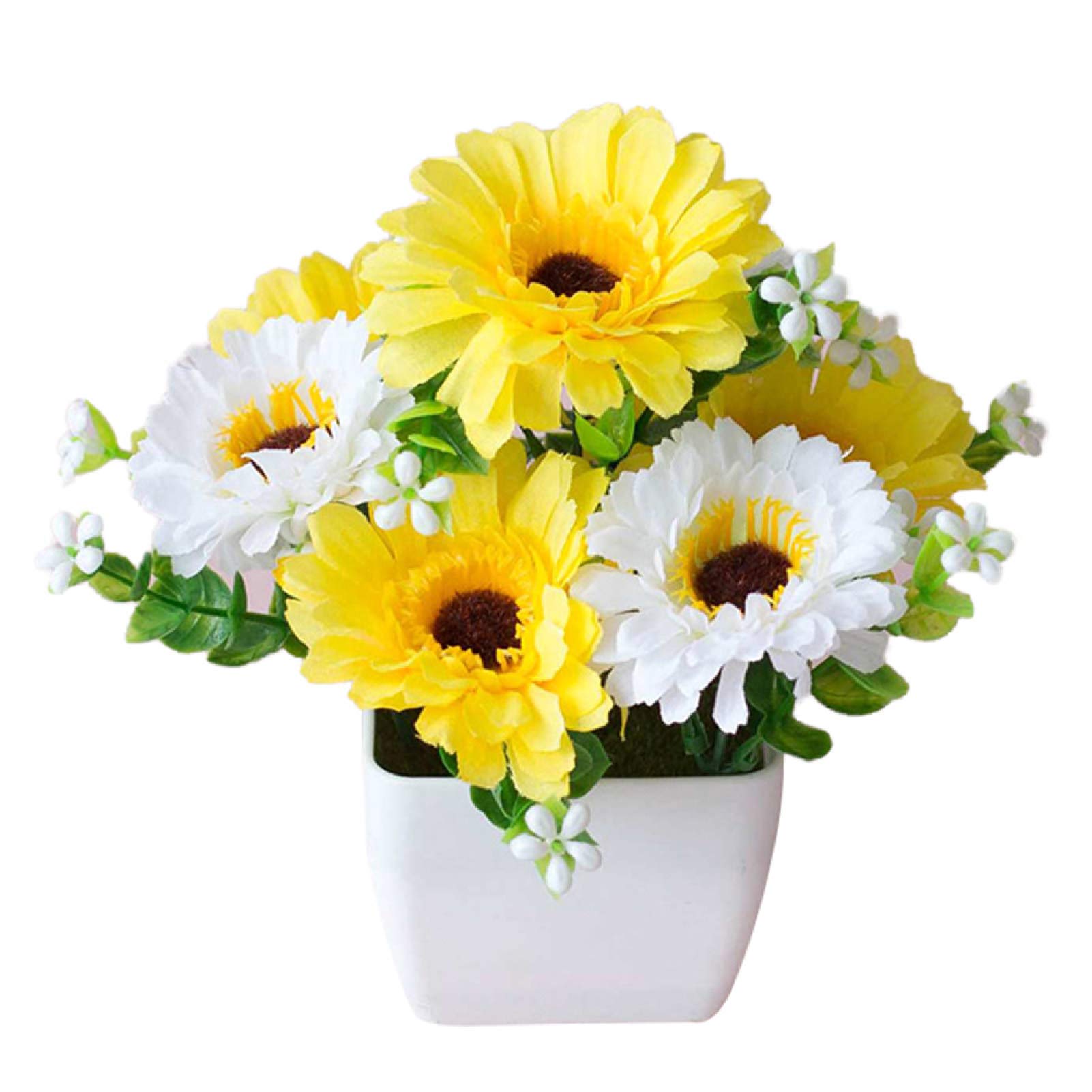 Meideli Artificial Chrysanthemum Flower with Gypsophila in Wood Pot - Yellow Faux Bonsai for Home, Office & Garden Decor | Perfect for Table Centerpieces, Wedding Decorations & Indoor Greenery