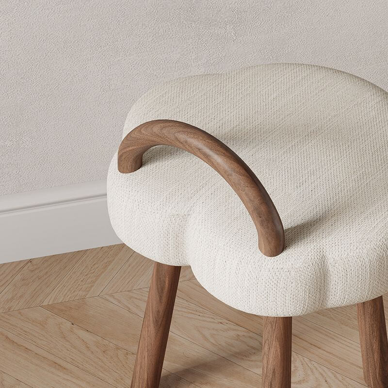 White Upholstered Vanity Stool with Back Support & Wooden Legs - 19