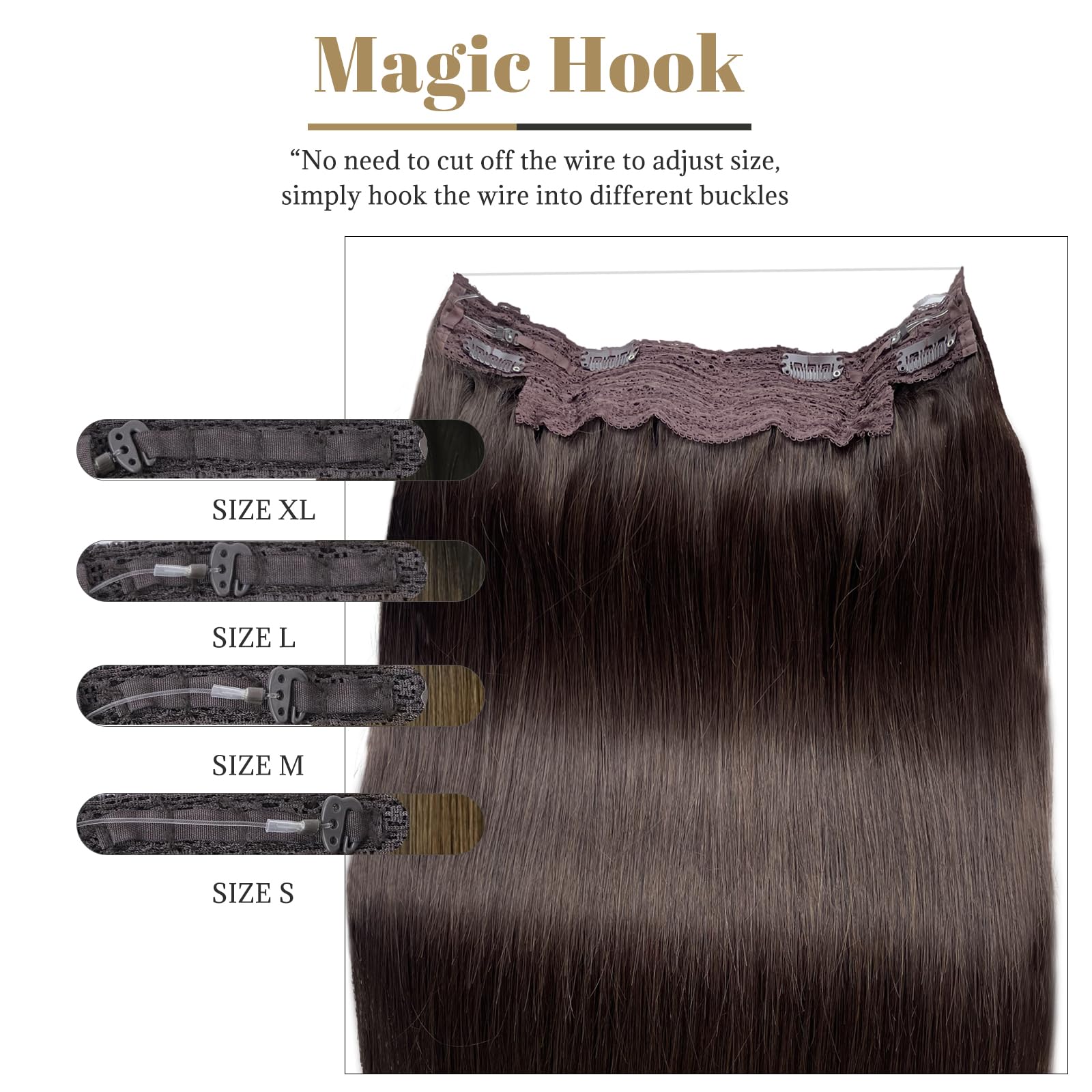 Premium 22 Inch Dark Brown Human Hair Extensions with Invisible Wire - 100g Real Human Hair Halo for Women | Perfect for Parties, Weddings & Everyday Styling