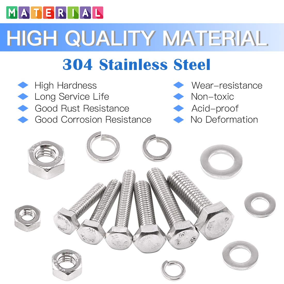 Glarks 510-Piece Stainless Steel Hex Head Flat Screws, Bolts, Nuts, Lock Washers & Flat Washers Assortment Kit - Ideal for DIY Projects, Furniture Assembly, and Home Repairs