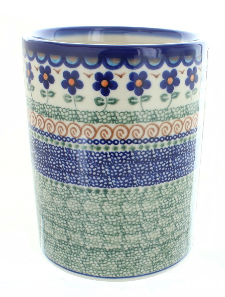 Handmade Blue Rose Polish Pottery Aztec Flower Design Utensil Jar - Perfect for Kitchen Storage, Bathroom Organizer & Home Decor