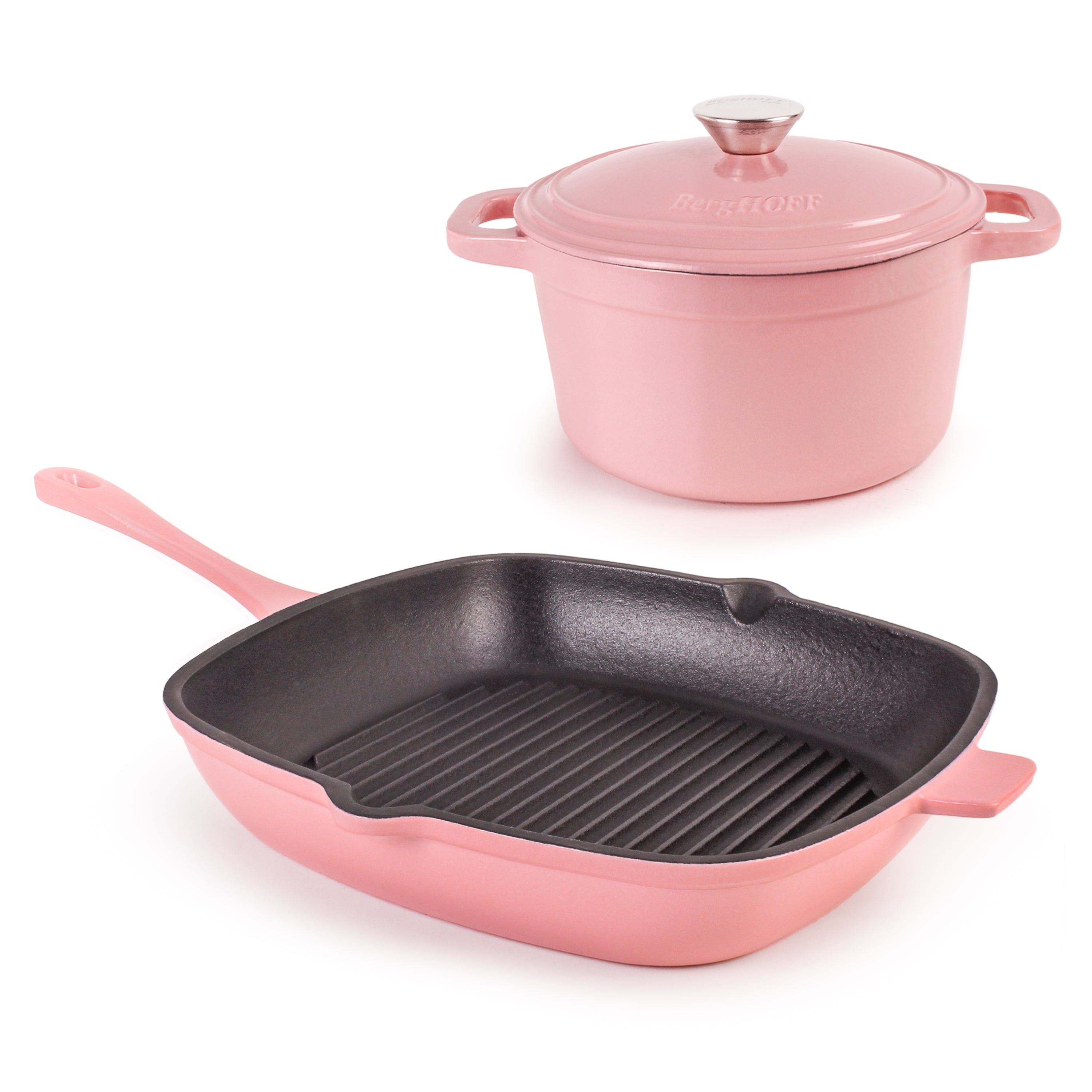 BergHOFF Neo 3-Piece Cast Iron Cookware Set - Pink Grill Pan & Dutch Oven for Stovetop, Oven & Outdoor Cooking | Perfect for Grilling, Braising & Camping