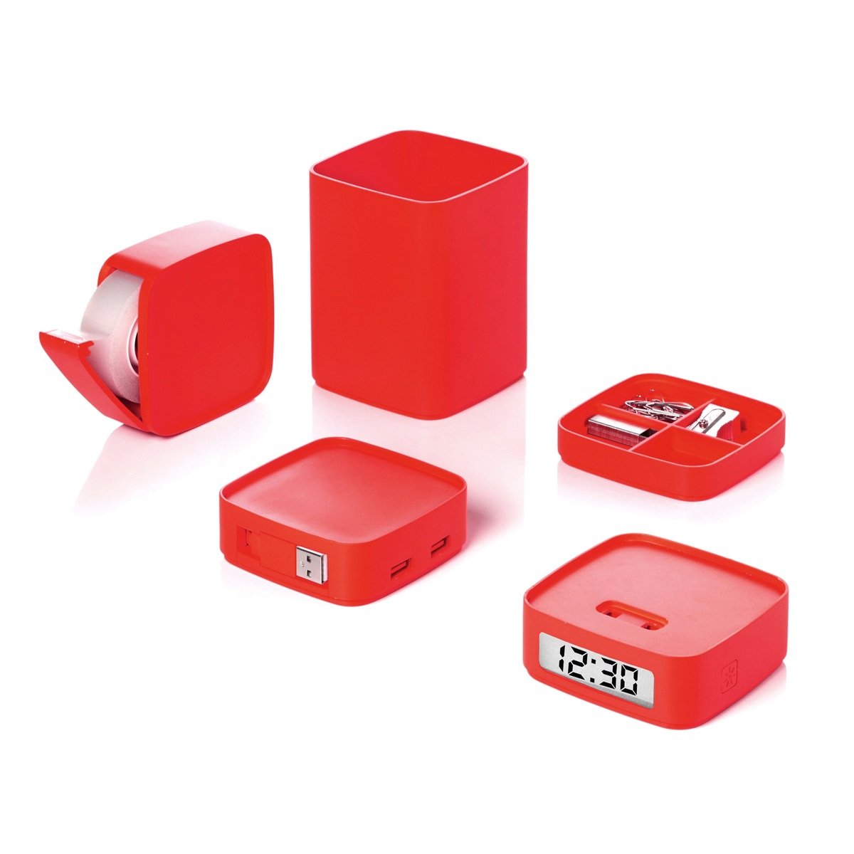 Lexon Minitotem Stackable Desk Organizer Set - Red | Modern Office & Home Workspace Storage Solution for Pens, Clips & Small Supplies | Perfect for Desks, Study Tables & Workstations