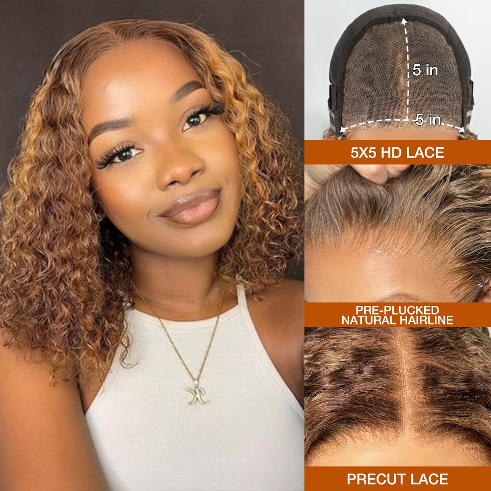 Lettie Wear and Go Glueless Wigs Human Hair Pre Plucked Precut - P4/27 Highlight Ombre Honey Blonde Curly Bob Wig - 200% Density 5x5 Lace Closure - Natural Hairline for Women (16 inch) - Perfect for Daily Wear, Parties & Special Occasions
