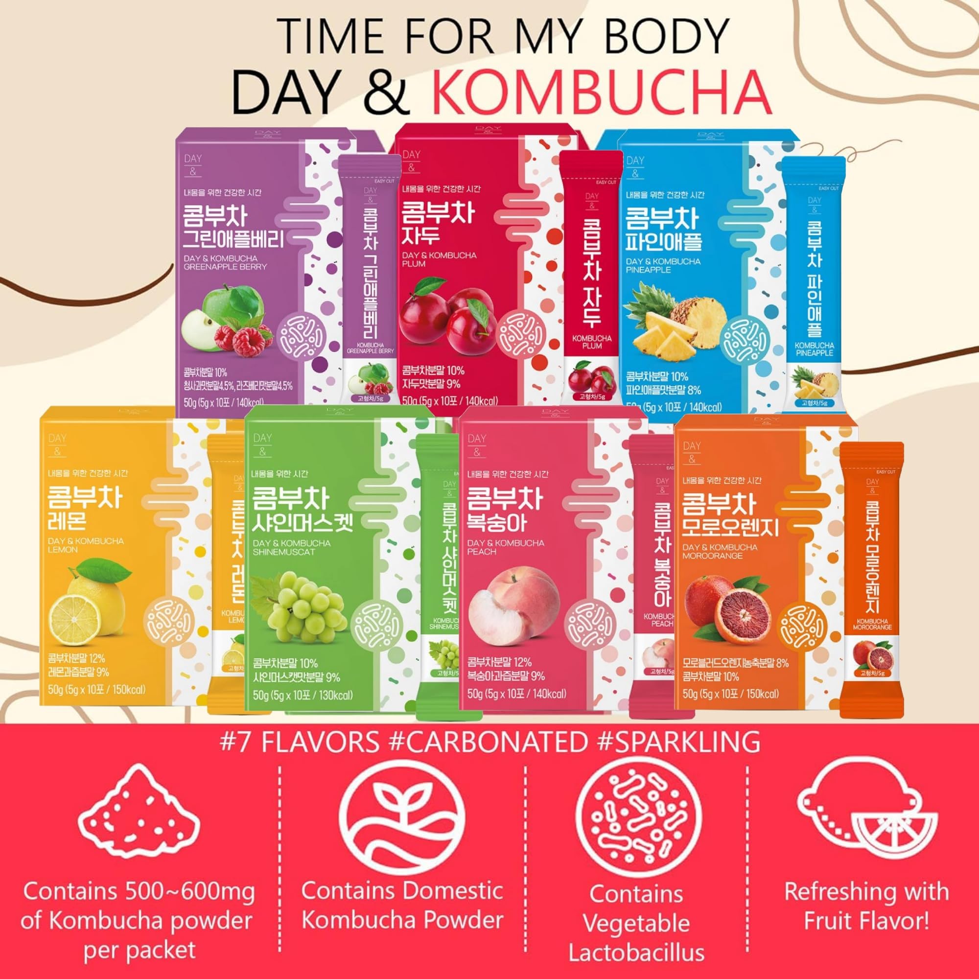 Organic Kombucha Powder Tea Pack - Korean Healthy Fermented Drink with Probiotics & Prebiotics, Zero Sugar, Sparkling Lemon Flavor (10 Sticks) - Perfect for Gut Health, Weight Loss & Detox Drinks